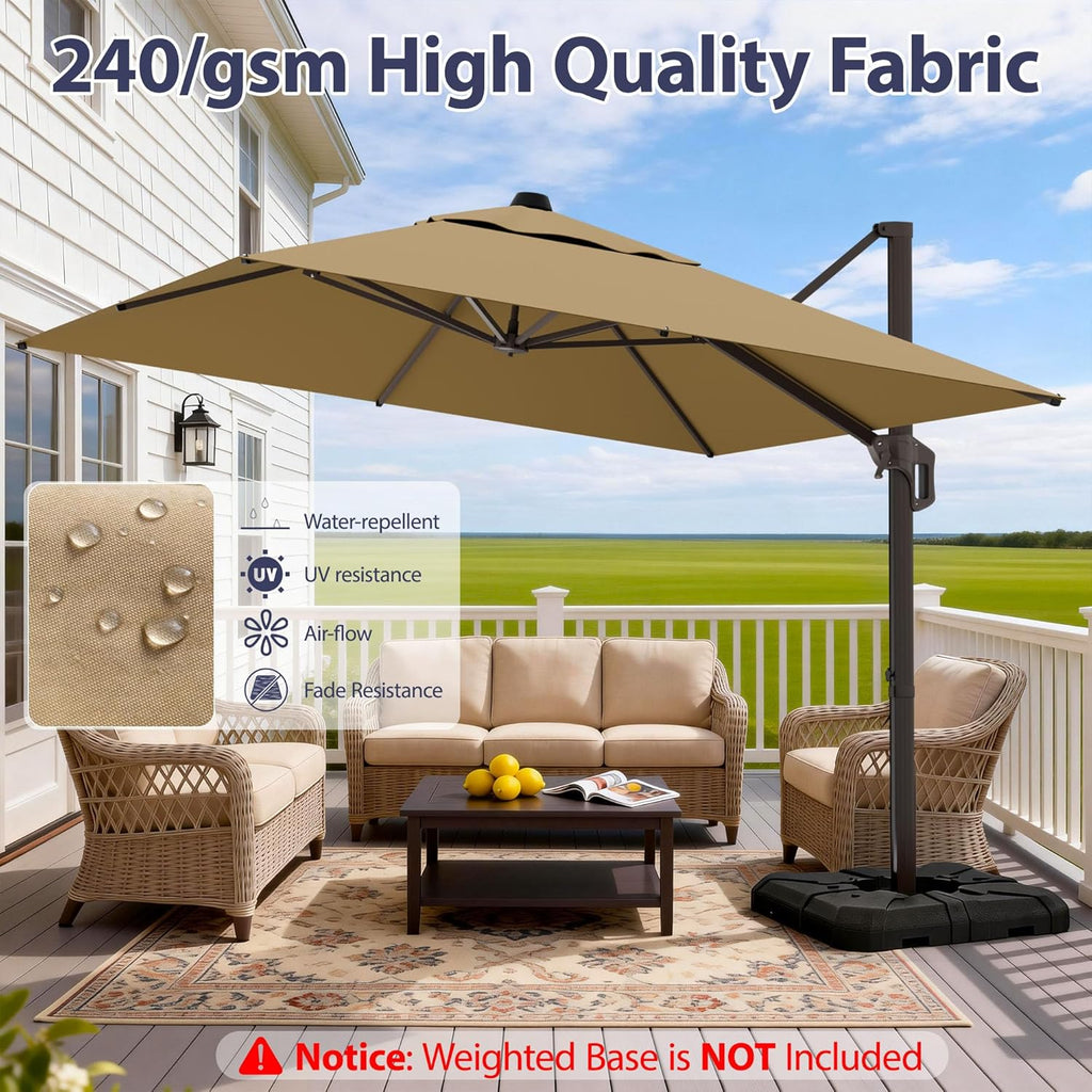 10' X 10' Patio Umbrella Cantilever Outdoor Rectangle Umbrella with Base Included, Heavy Duty 360°Rotation Offset Umbrella for Garden Deck Pool Patio, Brown