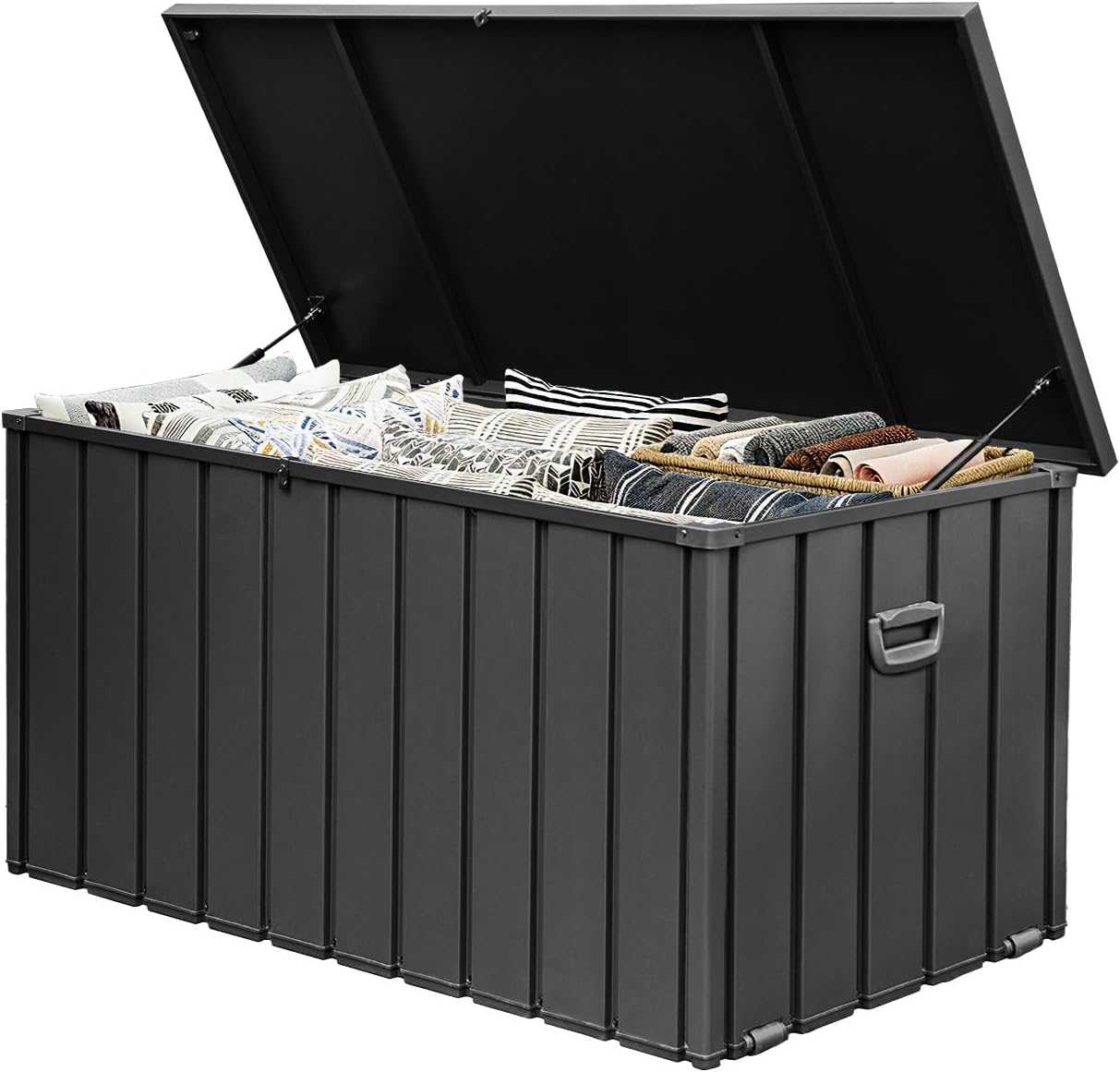 Dom 200 Gallon Deck Box, Metal Outdoor Storage Box with Lock Wheels Side Handles, Waterproof Outside Storage Box for Patio Cushions, Shoes
