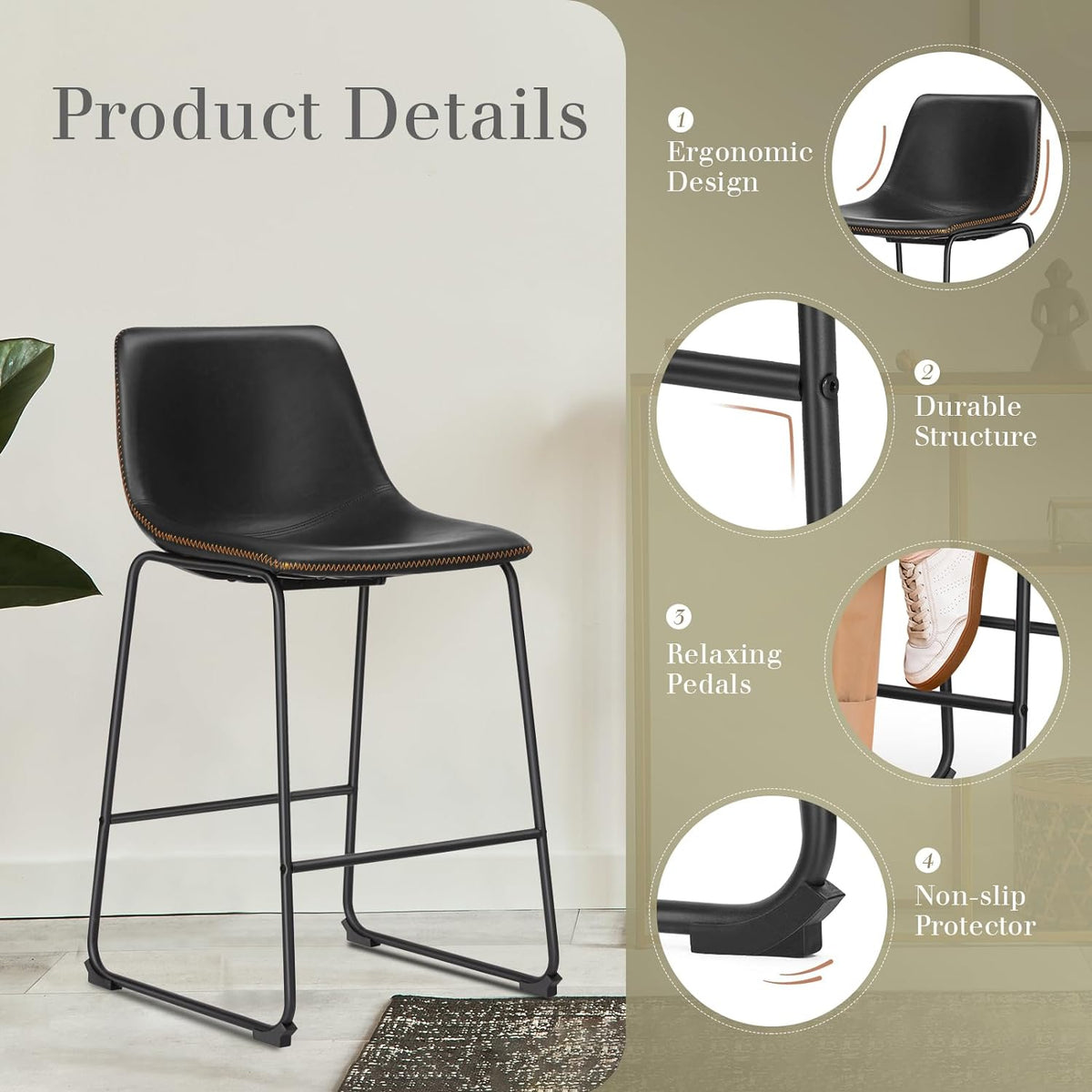 DUMOS 26 Inch Counter Height Bar Stools Set of 4, Modern Faux Leather High Barstools with Back and Metal Leg, Bar Chairs for Kitchen lsland, Black