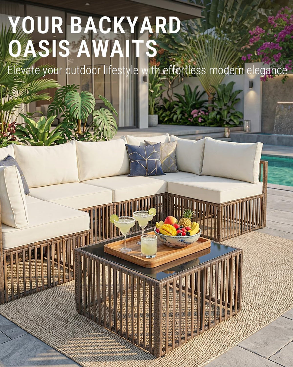 7-Piece Outdoor Patio Furniture Set, Modern PE Rattan Sectional Sofa with Adjustable Chaise Lounge, Modular All-Weather Wicker Conversation Set for Backyard, Poolside, Porch (Brown-Beige)