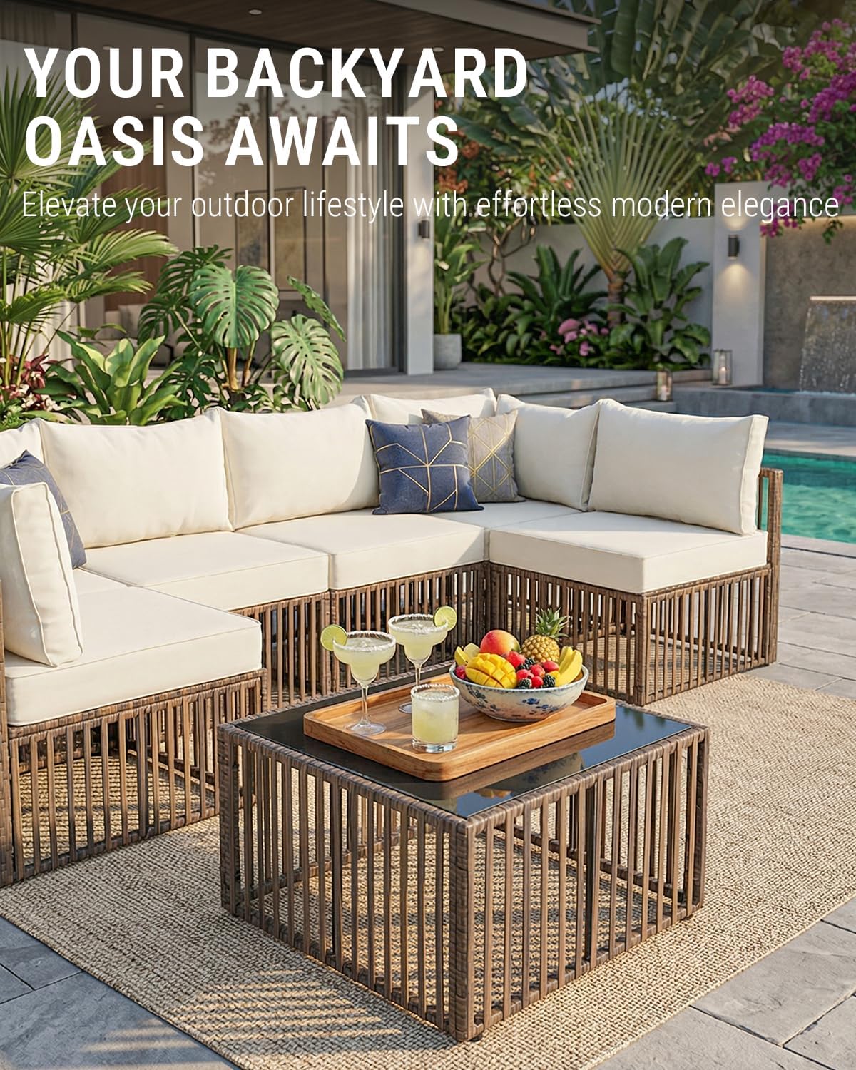 7-Piece Outdoor Patio Furniture Set, Modern PE Rattan Sectional Sofa with Adjustable Chaise Lounge, Modular All-Weather Wicker Conversation Set for Backyard, Poolside, Porch (Brown-Beige)