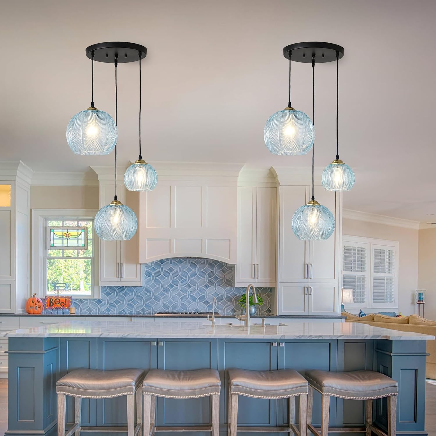 3-Light Blue Cluster Glass Pendant Light, Hanging Chandelier with Globe Shade, Glass Ball Pendant Light Fixtures for Kitchen Island, Dining Room, Living Room, Bedroom