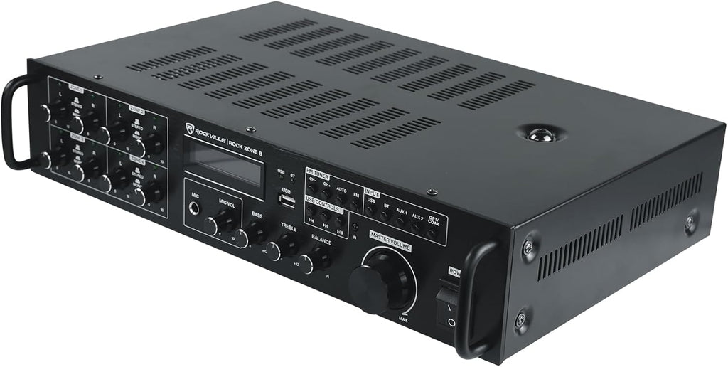 Rockville Rock Zone 8 1000W RMS 8-Channel 8-Zone Amplifier, Bluetooth, USB, Optical/Coaxial/RCA Inputs, Mic/FM, Rack-Mountable, for Multi-Room Home or Commercial Audio