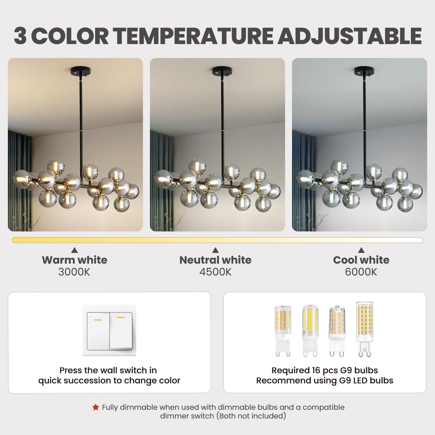 16 Lights Mid Century Modern Chandelier Black Linear Chandelier Light Fixtures Glass Globe Sputnik Pendant Light for Dining Room Kitchen Island (Smoke Gray Lampshade)