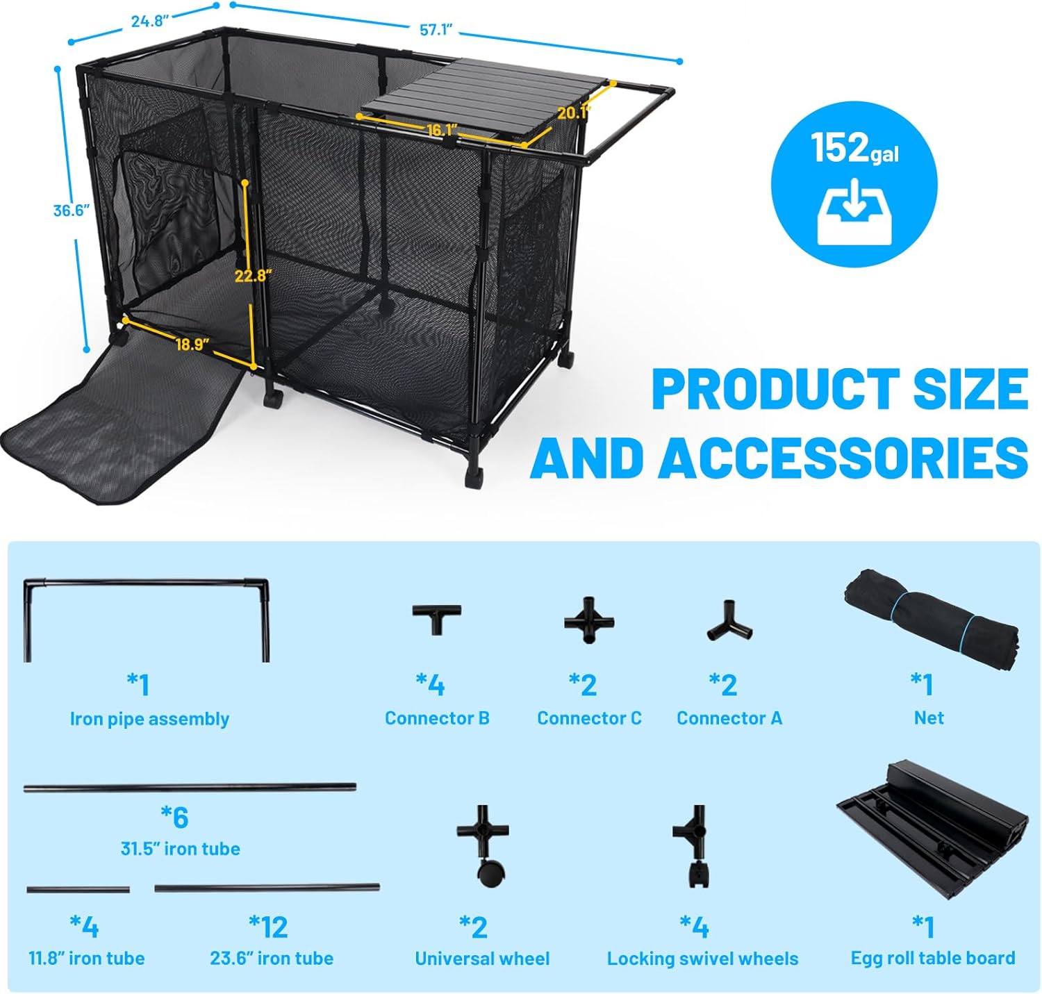 152Gal Pool Storage Organizer with Tabletop,Towel Bar,Zipper Doors,360° Rotating Wheels,Weather-Resistant,Easy Assembly,for Indoor Outdoor,Pool,Patio,Beach (M Size)