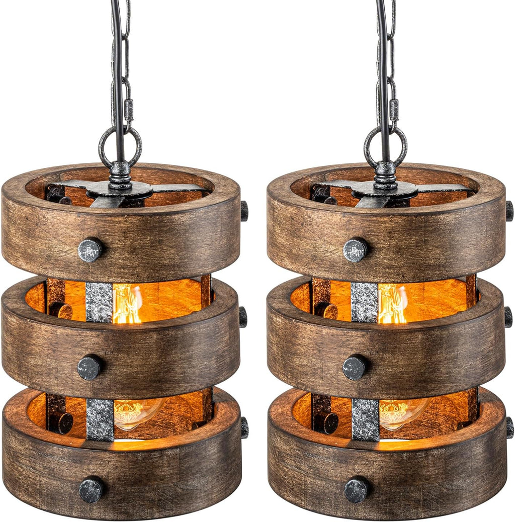 2pack Farmhouse Wood Pendant Lights Kitchen Island, Dining Room Lighting Fixtures Over Table Rustic Chandelier Height Adjustable Hallway Light for Foyer Living Room Bar Restaurant