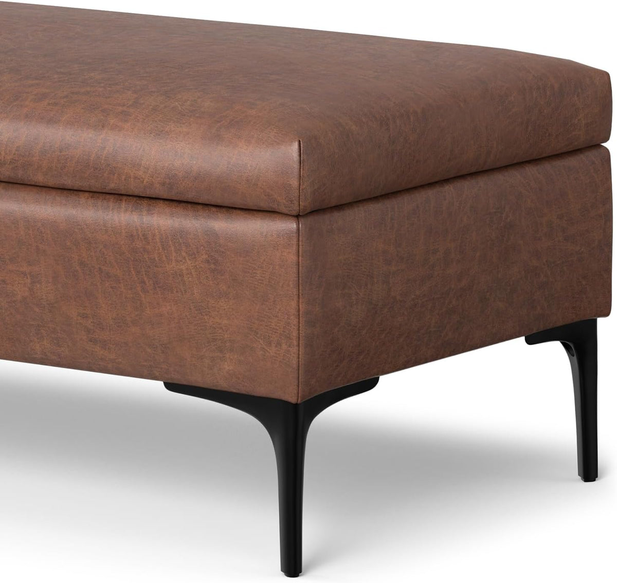 SIMPLIHOME Rebecca Storage Ottoman - 48 inch Wide Upholstered Vegan Leather Coffee Table Ottoman in Distressed Saddle Brown, Mid-Century Modern Lift-Top Storage for Living Room with Safety Hinges