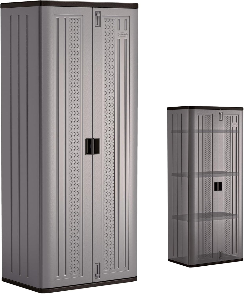 Suncast Tall Storage Cabinet for Garage Organization - 72" Freestanding Utility Closet with Shelving for Garden Supplies, Paint Cans & Outdoor Tools, Multi-Wall Resin Construction, Platinum