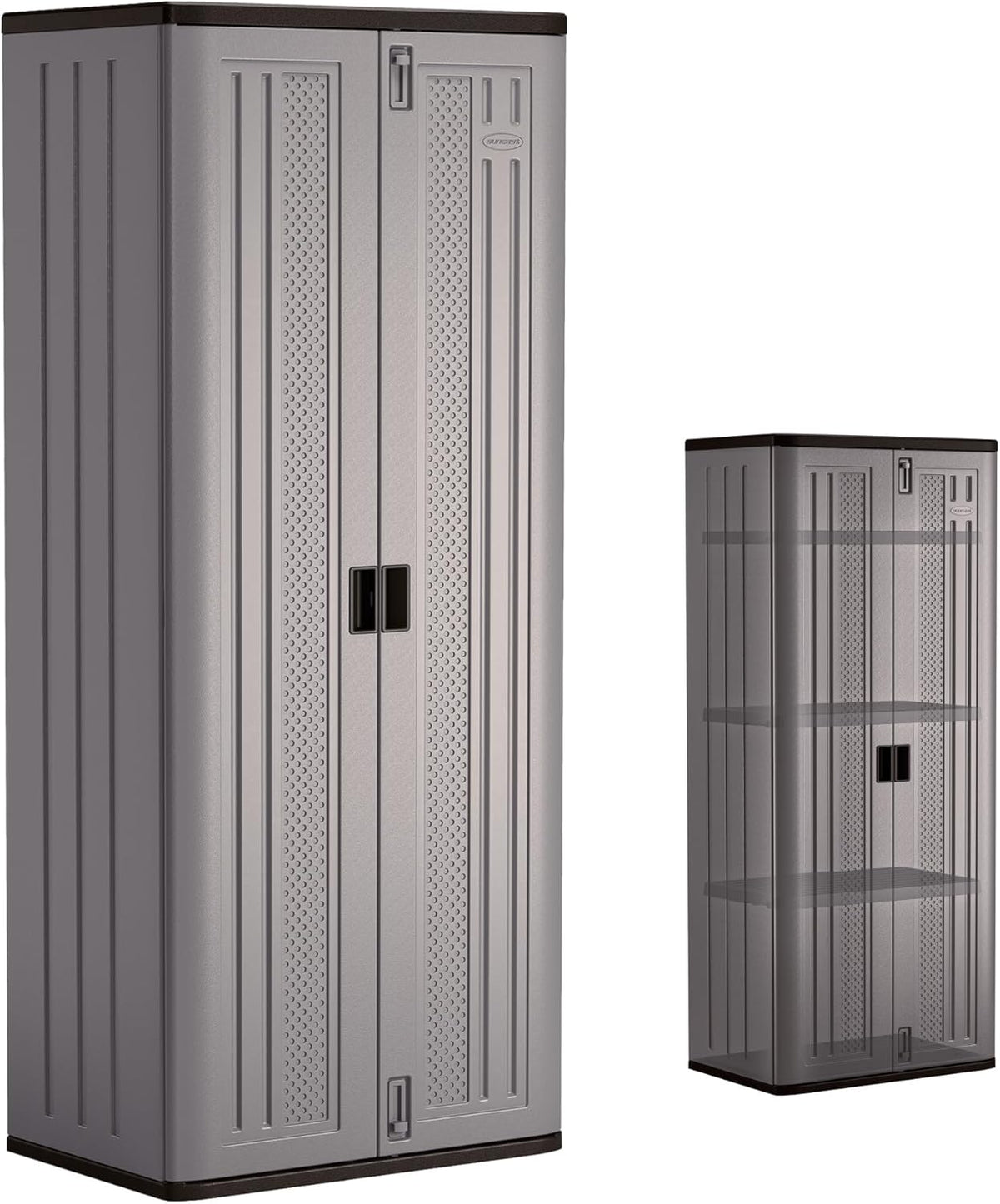 Suncast Tall Storage Cabinet for Garage Organization - 72" Freestanding Utility Closet with Shelving for Garden Supplies, Paint Cans & Outdoor Tools, Multi-Wall Resin Construction, Platinum