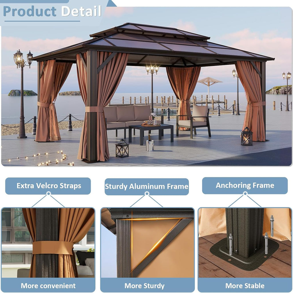 Aoxun 12'x16' Hardtop Gazebo, Aluminum Frame Permanent Pavilion with Curtains and Netting, Outdoor Polycarbonate Double Roof Canopy, Designed for Garden, Lawns, Patio