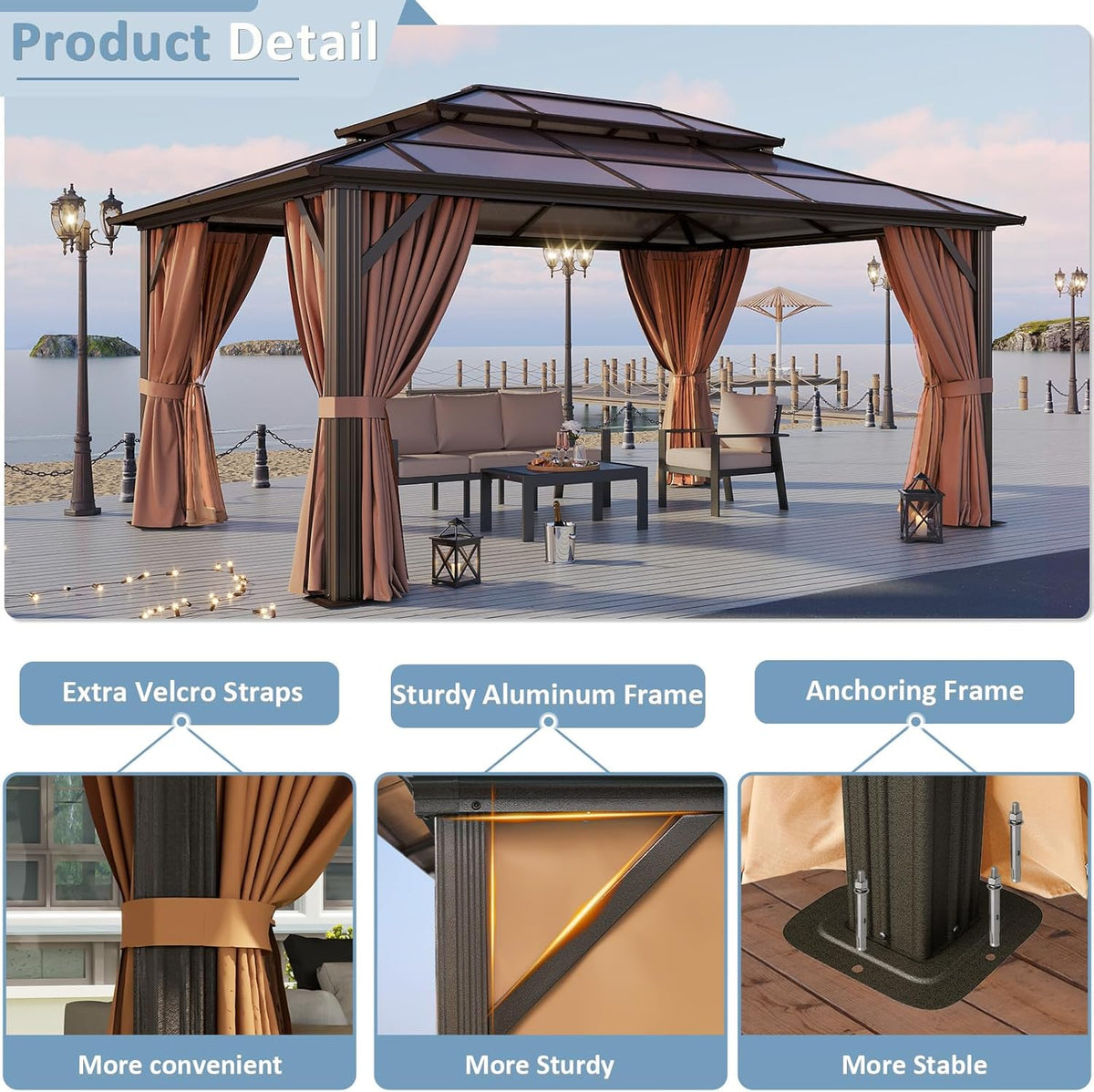 Aoxun 12'x16' Hardtop Gazebo, Aluminum Frame Permanent Pavilion with Curtains and Netting, Outdoor Polycarbonate Double Roof Canopy, Designed for Garden, Lawns, Patio