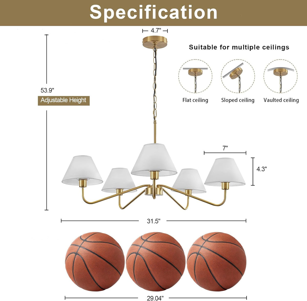 5-Light Gold Chandelier, 31.5" Brass Modern Chandeliers with White Fabric Shade, Classic Farmhouse Ceiling Light Fixture, Adjustable Pendant Light for Kitchen Living Room Dining Room Bedroom Entryway