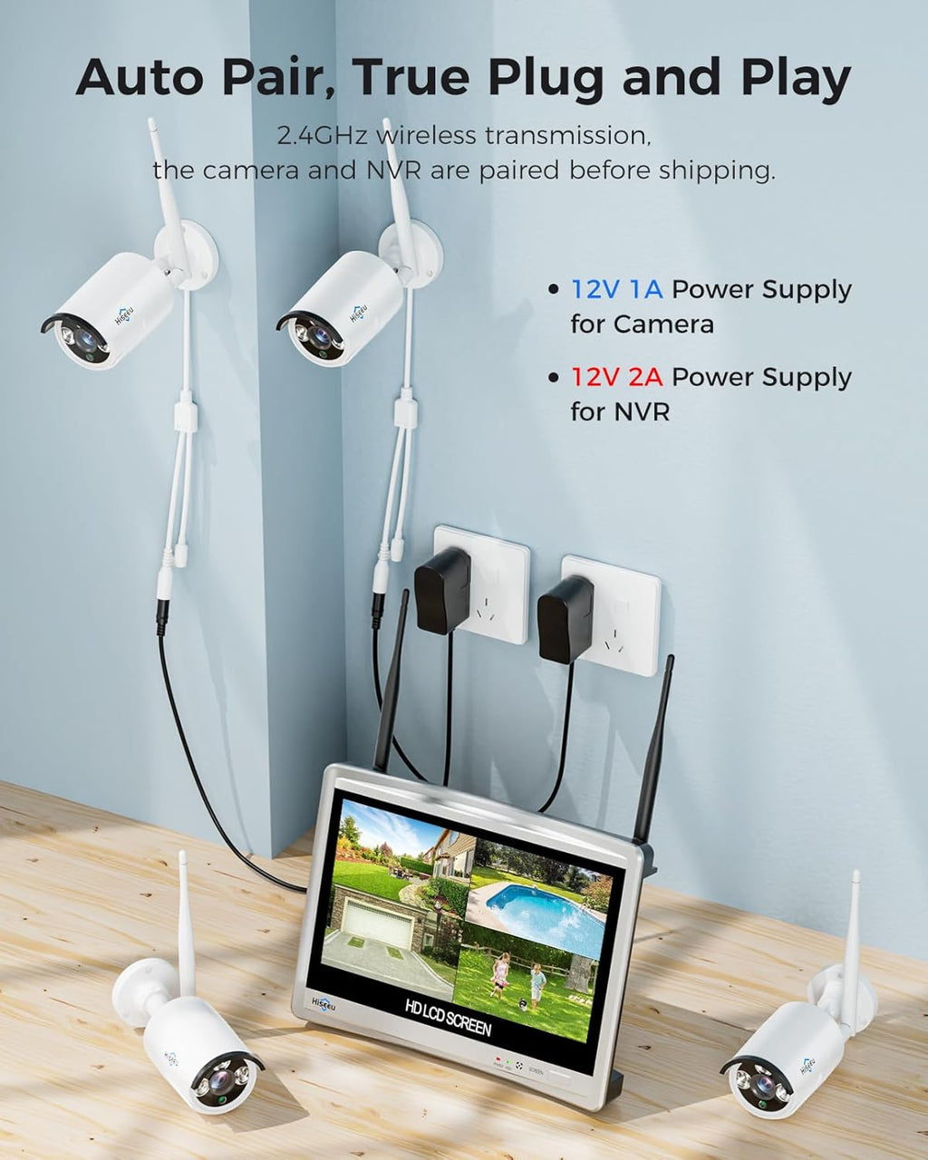 16CH Expandable Hiseeu Home Security System, 24/7 Recording 5MP Wired Plug-in Powered Outdoor Bullet Cameras, 2.4G/5G WiFi Pro, 4K NVR with 12" LCD Monitor, 3TB HDD, Night Vision, IP65
