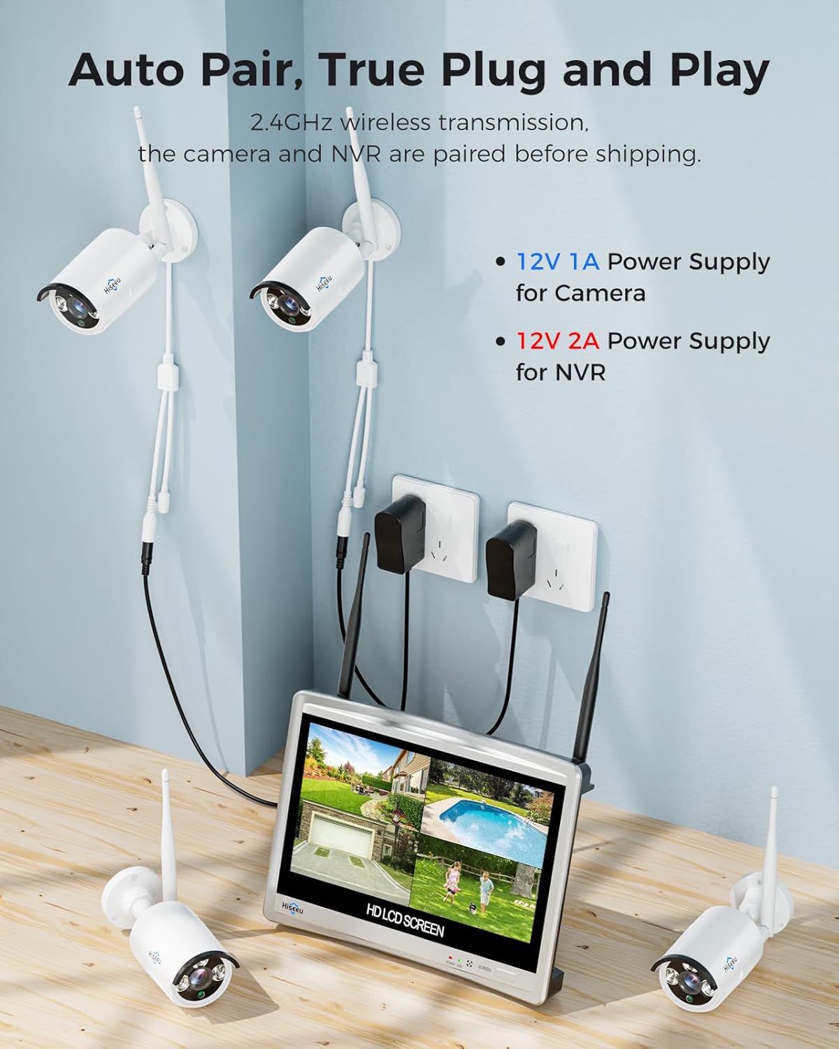 16CH Expandable Hiseeu Home Security System, 24/7 Recording 5MP Wired Plug-in Powered Outdoor Bullet Cameras, 2.4G/5G WiFi Pro, 4K NVR with 12" LCD Monitor, 3TB HDD, Night Vision, IP65