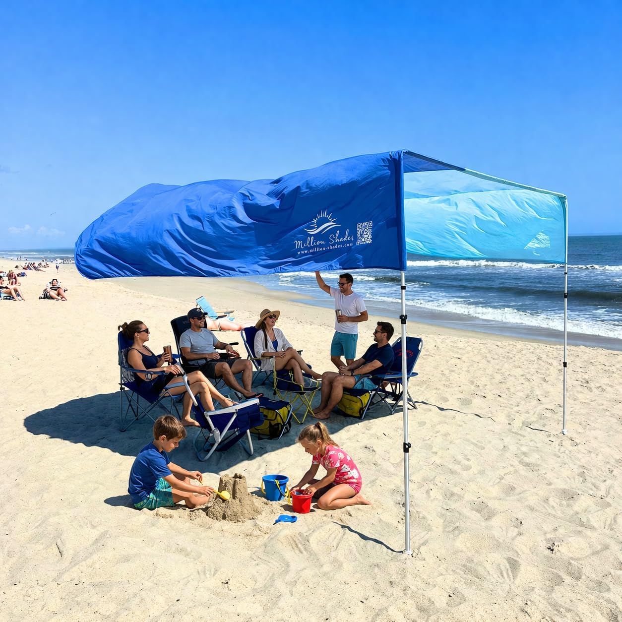 MillionShades® Beach Shade Canopy – No Ropes, No Sandbags, Quiet in Wind, 10x10 ft Wind-Propelled® Beach Shade Sail, UPF 50+, Classic for 5-7 People