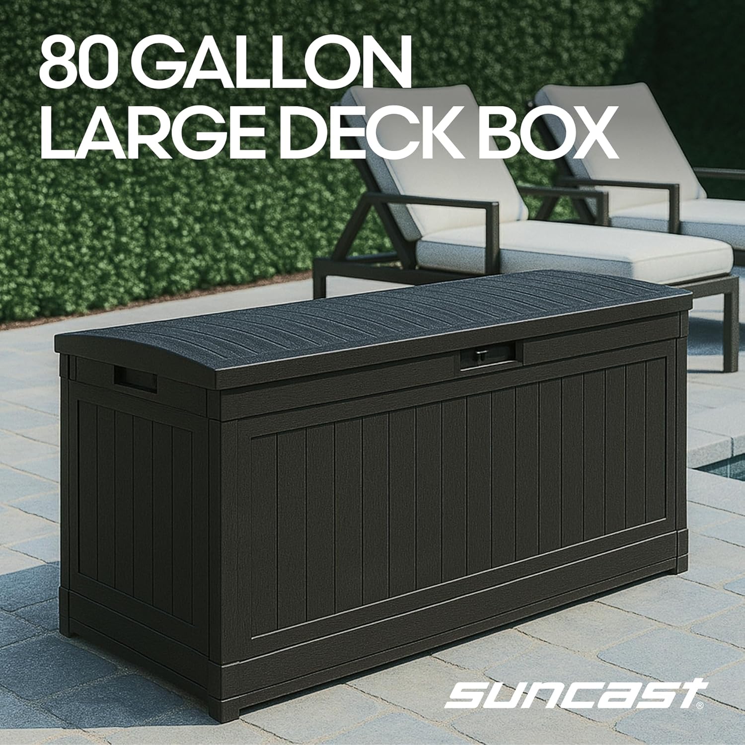 Suncast 80-Gal. Resin Large Outdoor Patio Deck Box with Pad-Lockable Lid, Modern Outdoor Patio Bench/Storage Box for Cushions, Garden Tools, and More, Iron Ore