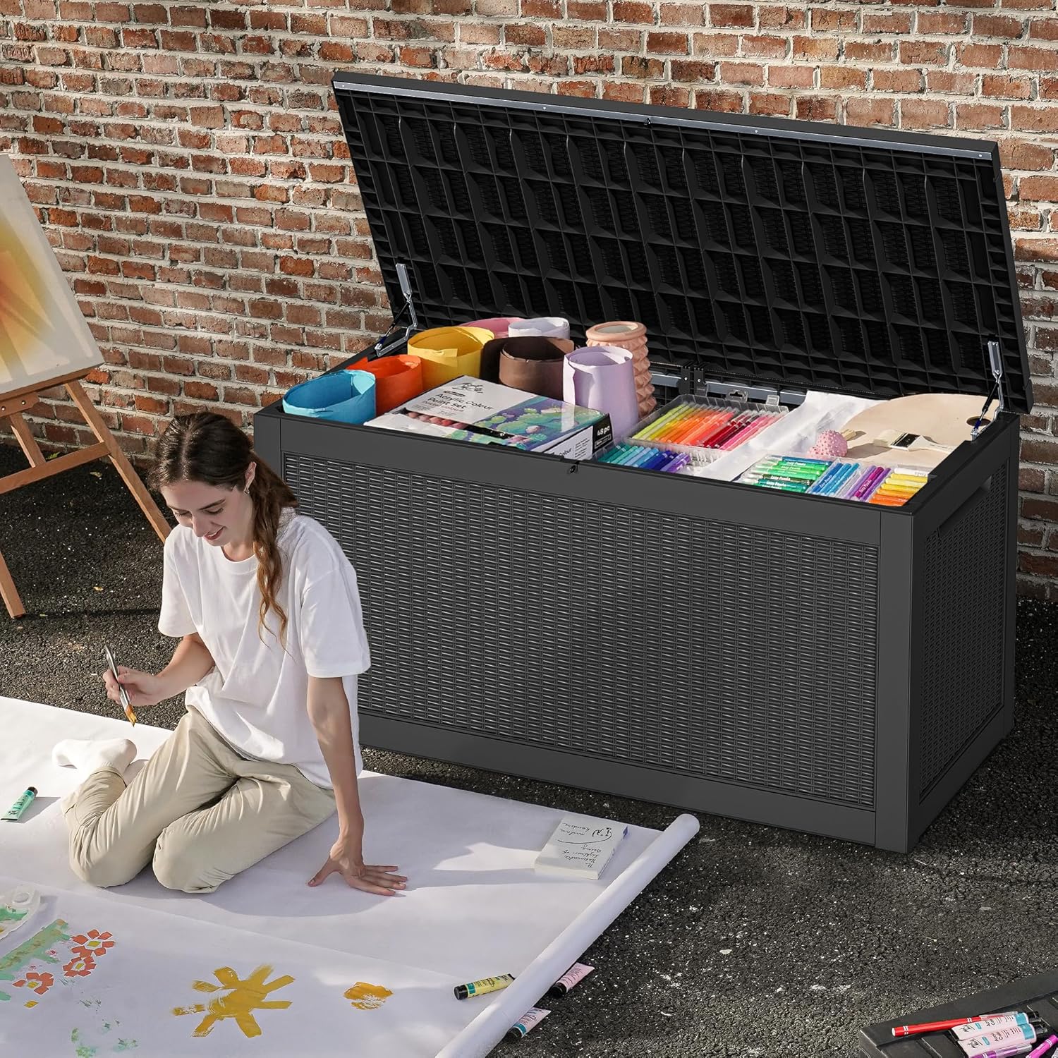 DWVO 320 Gallon Resin Outdoor Storage Box, XXL Large Waterproof Deck Box, Doubles as Table or Seating with 1000 lbs Capacity, Lockable (Black)