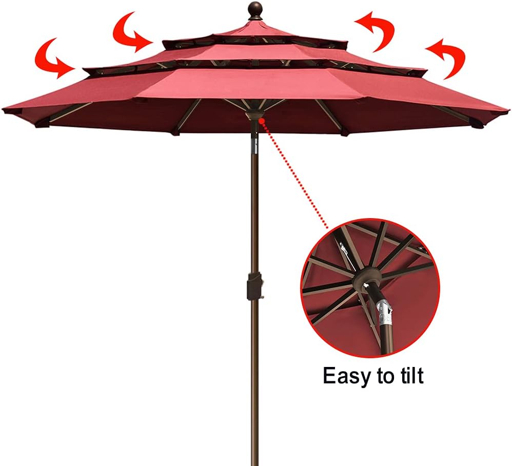EliteShade USA 10-Year-Non-Fading 9ft 3-Tier Market Patio Umbrella, Commercial Grade Outdoor Table Umbrella with Crank Open, Windproof & UPF 50+ UV Protection, Heavy Duty Ventilation for Garden, Deck, Pool, Backyard, Beach & Bistro, Burgundy