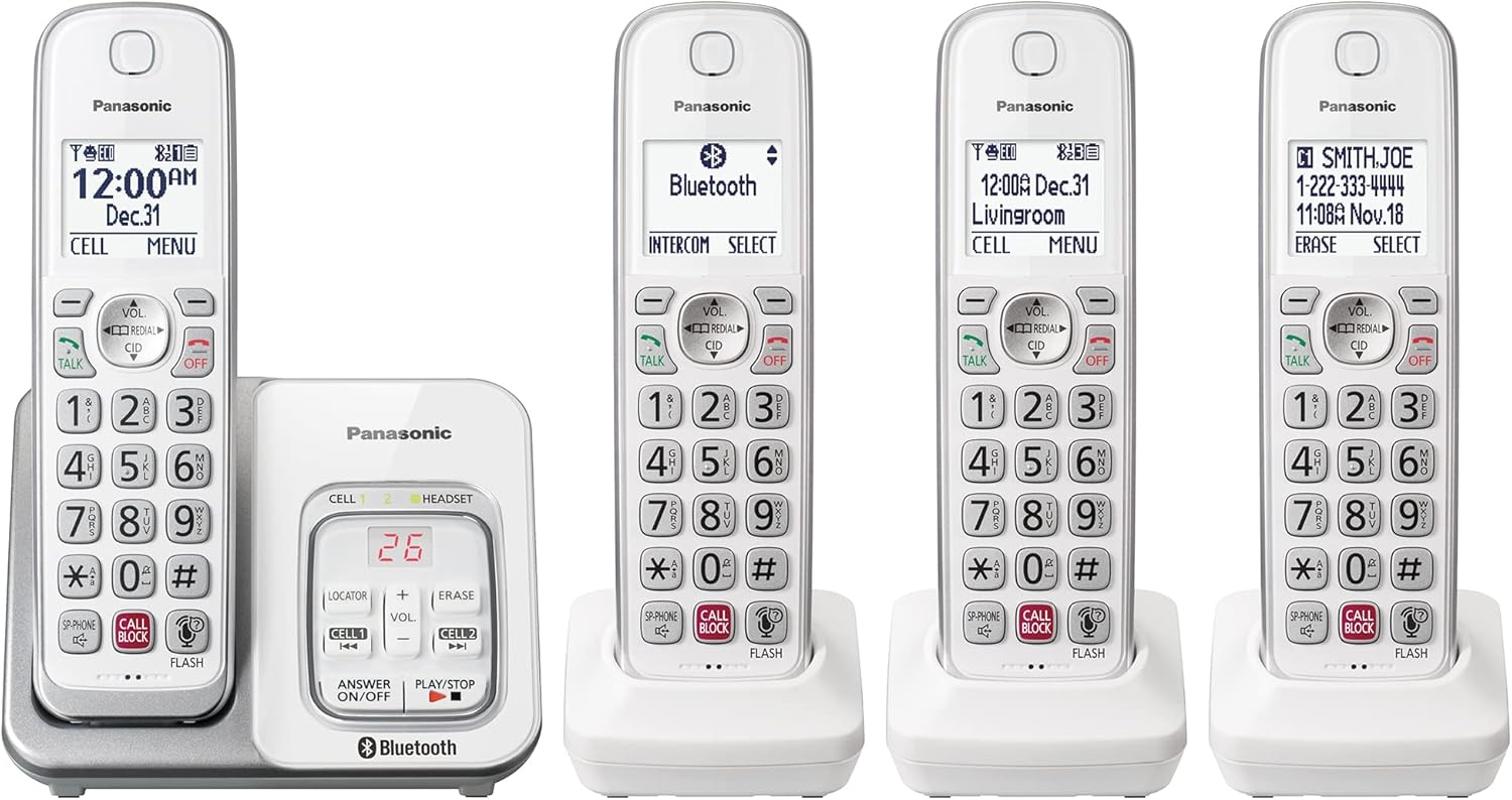 Panasonic Cordless Phone with Answering Machine, Link2Cell Bluetooth Home Phones, Voice Assistant and Advanced Call Blocking, Expandable System with 4 Handsets - KX-TGD864W (White)