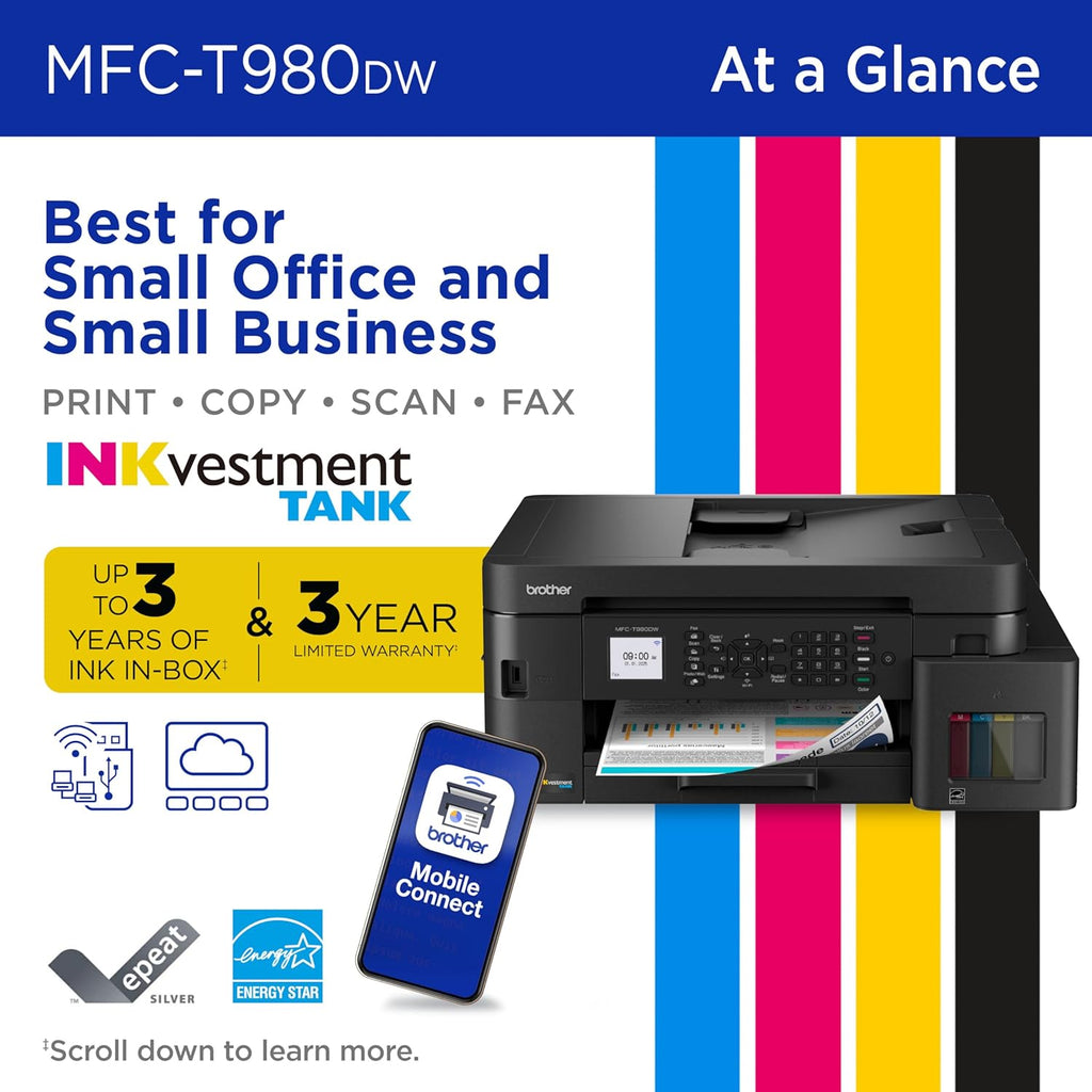 Brother INKvestment Tank 980 Wireless and Ethernet Color Inkjet All-in-One Printer with Multipurpose Tray | Includes up to 3 Years of Ink in-Box(1) and Limited Warranty(2) (MFC-T980DW)