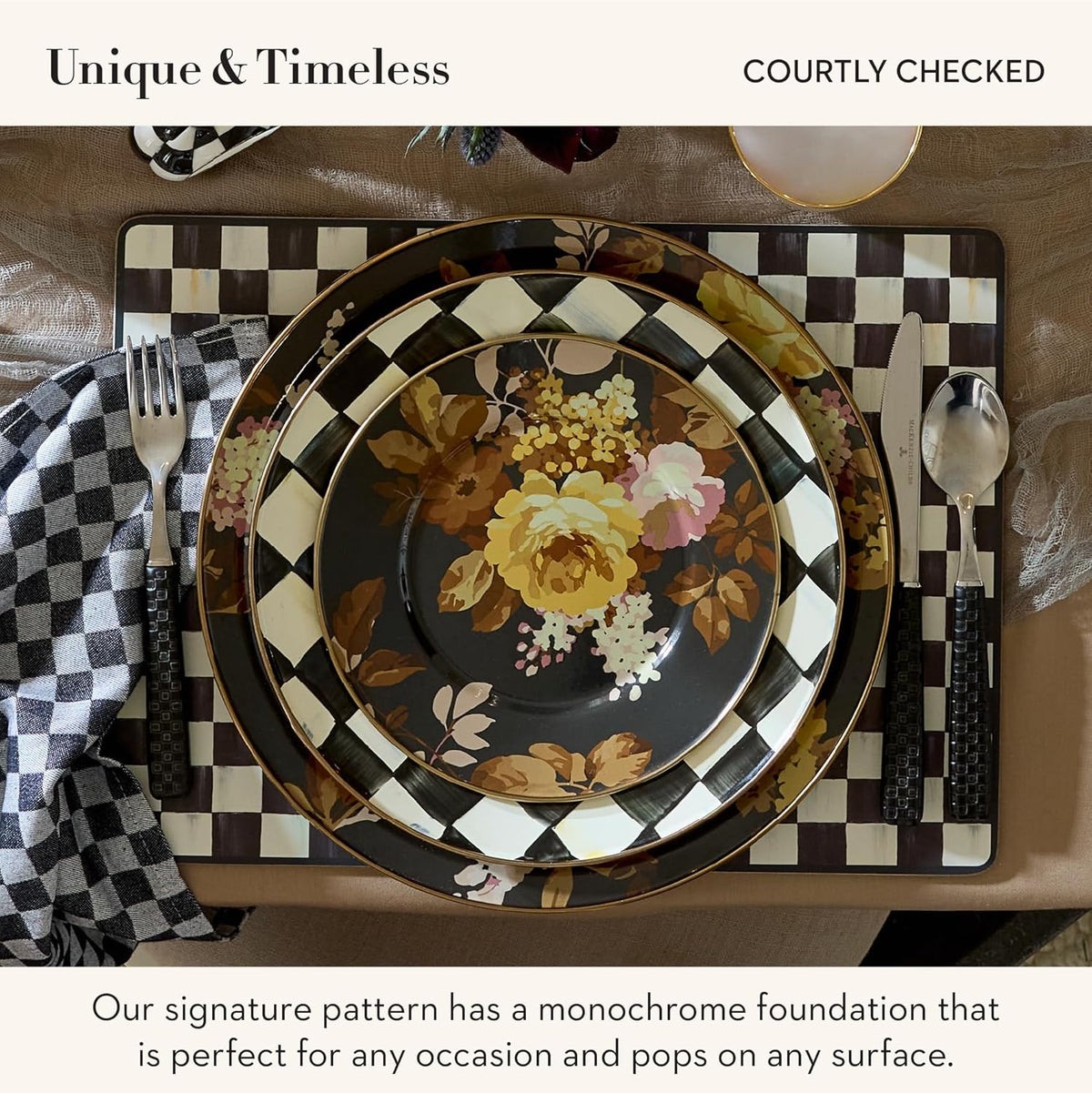MACKENZIE-CHILDS Set of 4 Cork-Back Placemats, Hard-Finish Table Mats, Black-and-White Courtly Check
