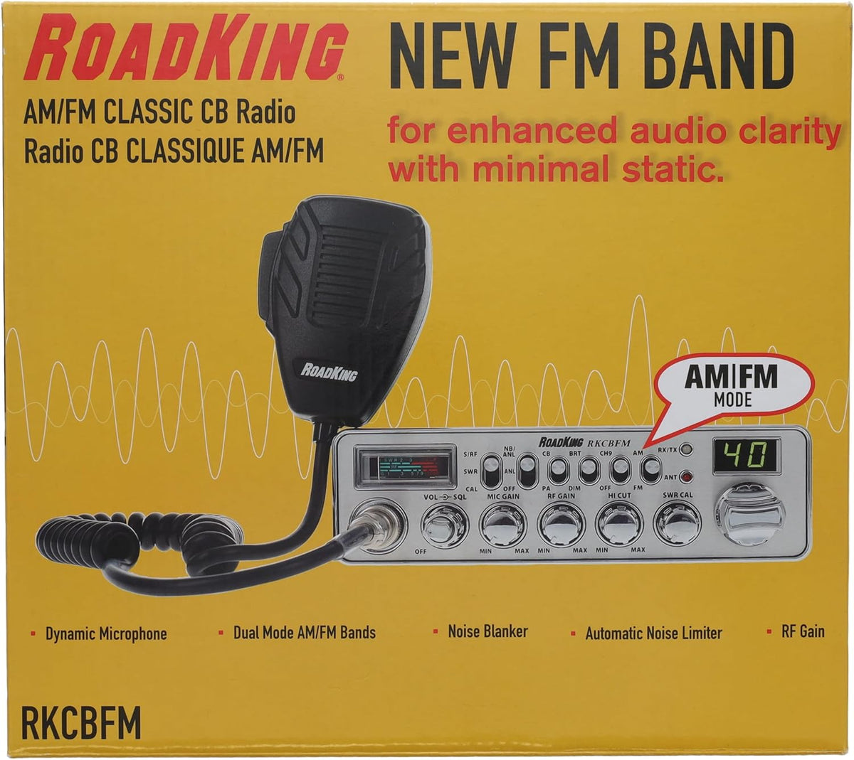 RoadKing RKCBFM Dual-Mode AM/FM CB Radio for Truckers Full 40 Channels Pro Emergency Channel CB with Noise-Cancelling Mic Large Display - Silver