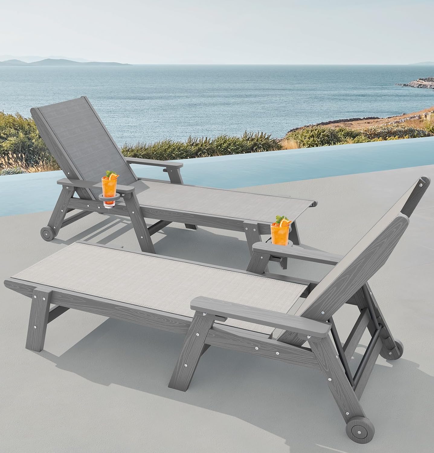 SERWALL Textilene Patio Chaise Lounge Chair, 5 Positions Adjustable Outdoor Lounger with Rolling Wheels for Pool, Deck, Gray