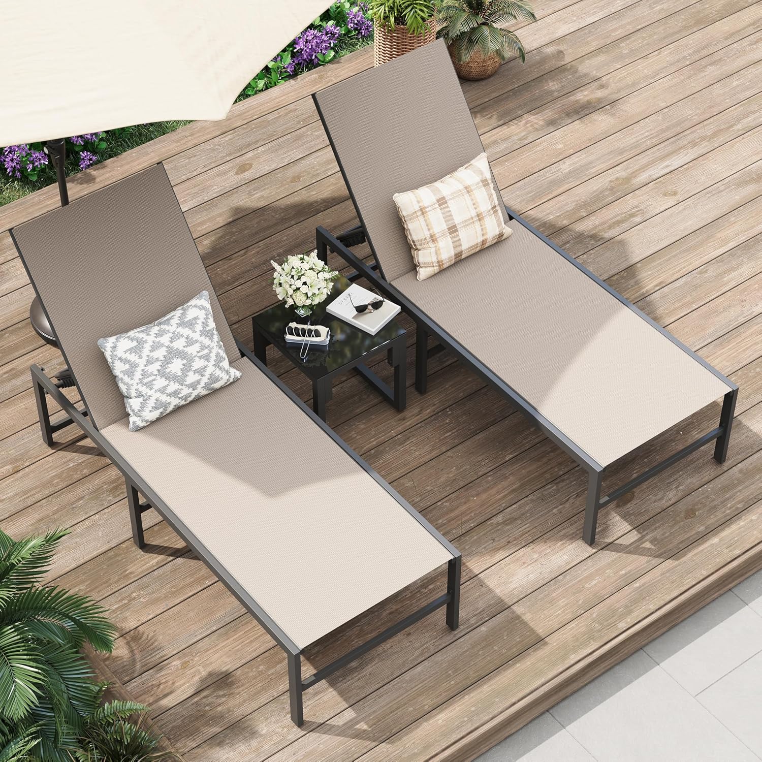 Amopatio 3 Piece Patio Lounge Chair Set Adjustable Lounge Chairs Set of 2 with Side Table for Poolside Weather Resistant Outdoor Chaise Lounge for Backyard Beach, 400 LBS Capacity(Khaki)