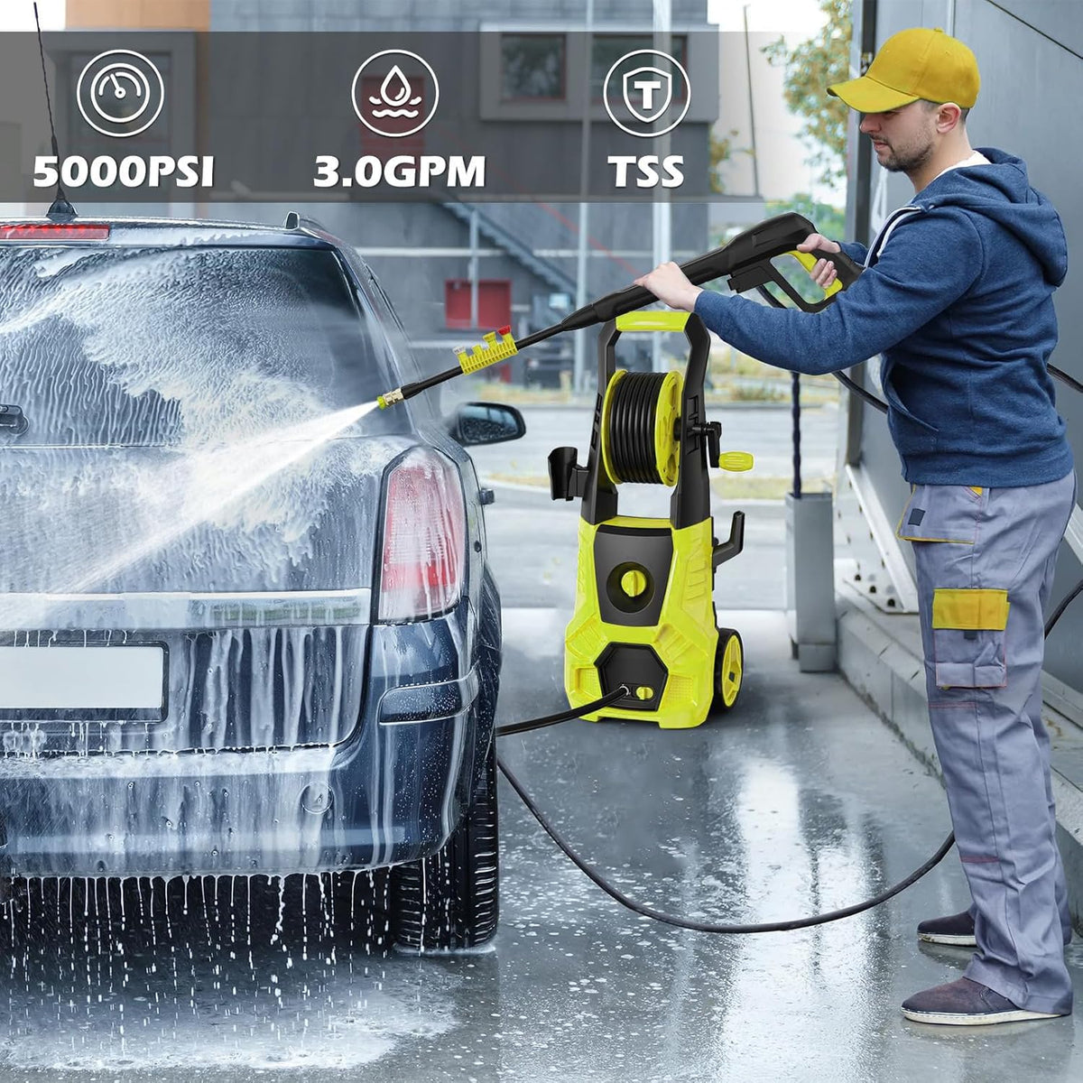 5000PSI PowerWasher with 4 Quick Connect Nozzles, Foam Cannon for Car, Lane, Patio Cleaning, Hydro Jet Pressure Hose Water Wand for Gutter Patio Car Garden Window, Yellow