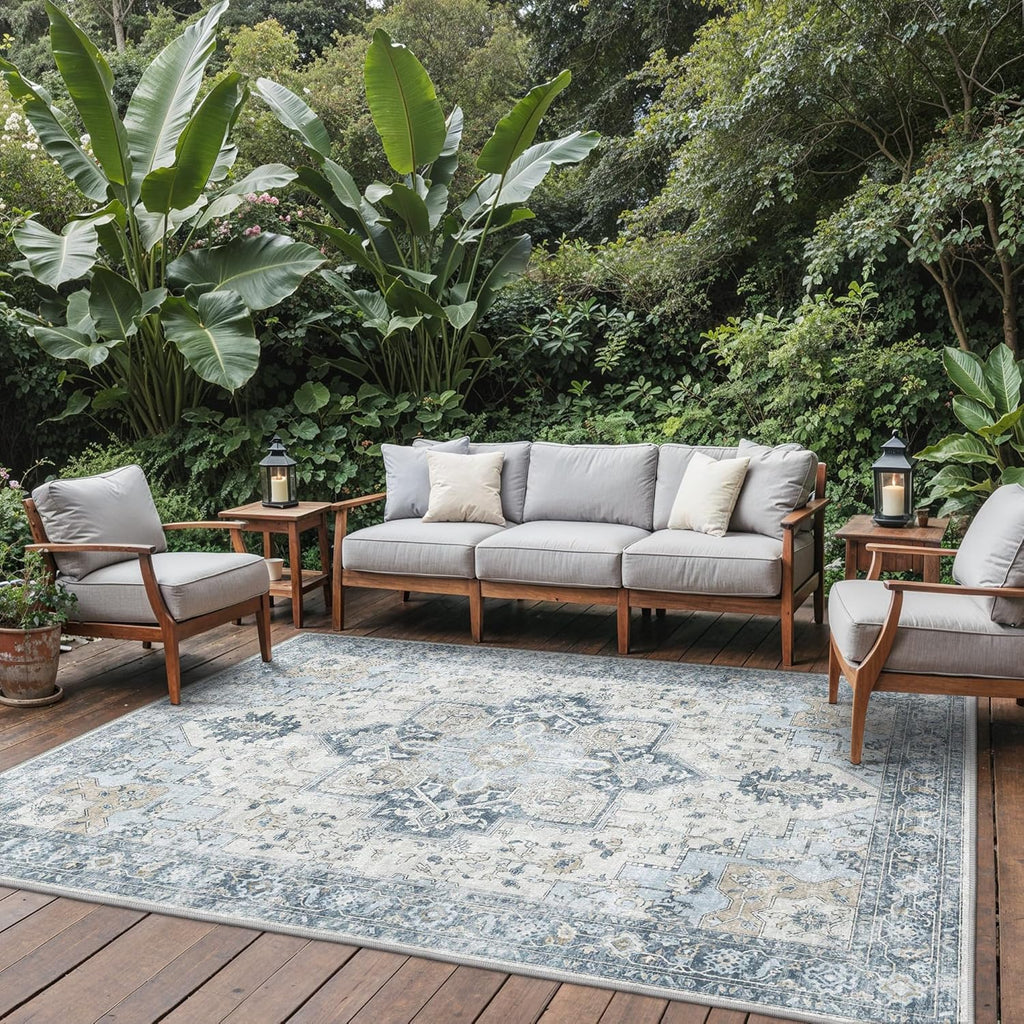 GENIMO Outdoor & Indoor Area Rug 8'x10', Waterproof, Non-Shedding, Easy Cleaning, Boho Mat for Patio, Living Room, Balcony, Dining Room, RV, Deck, Bedroom, Camping, Outside Carpet,Blue