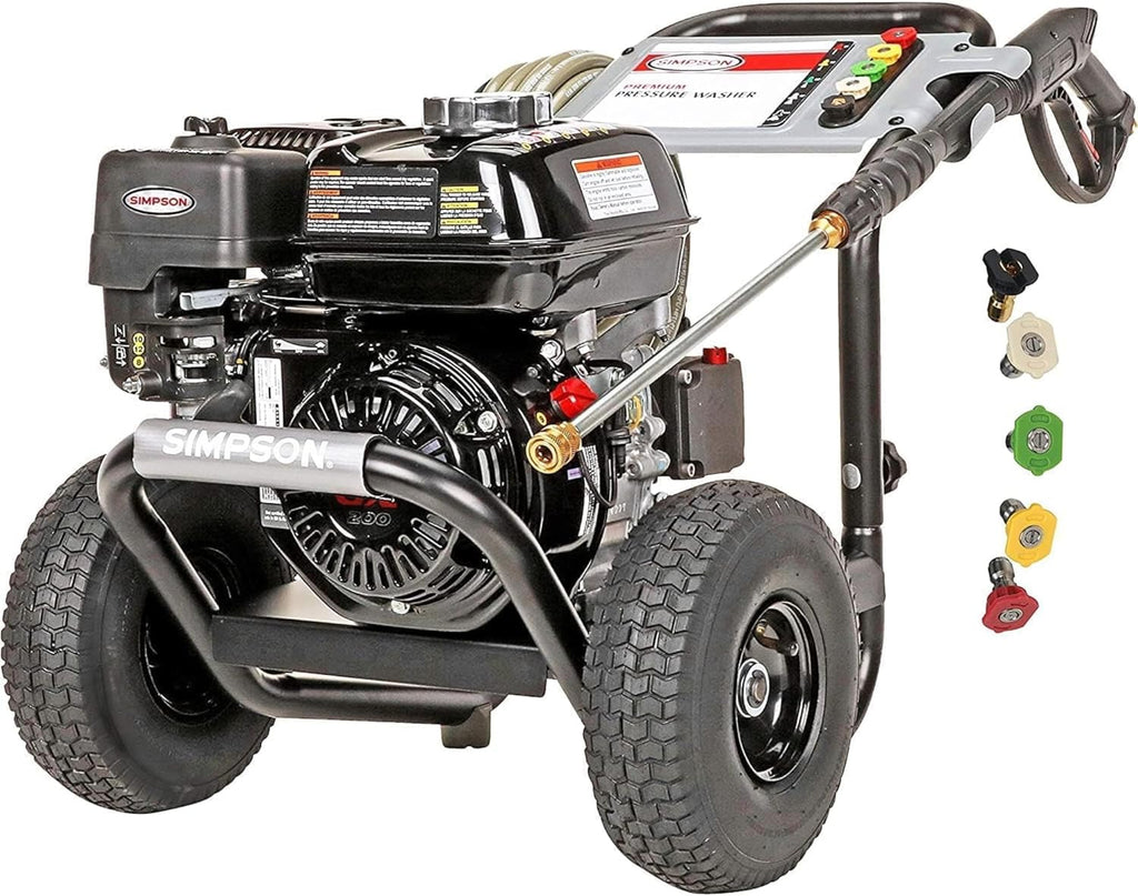 SIMPSON Cleaning PS3228 PowerShot 3300 PSI Gas Pressure Washer, 2.5 GPM, Honda GX200 Engine, Includes Spray Gun and Extension Wand, 5 QC Nozzle Tips, 5/16-inch x 25-foot MorFlex Hose, 49-State