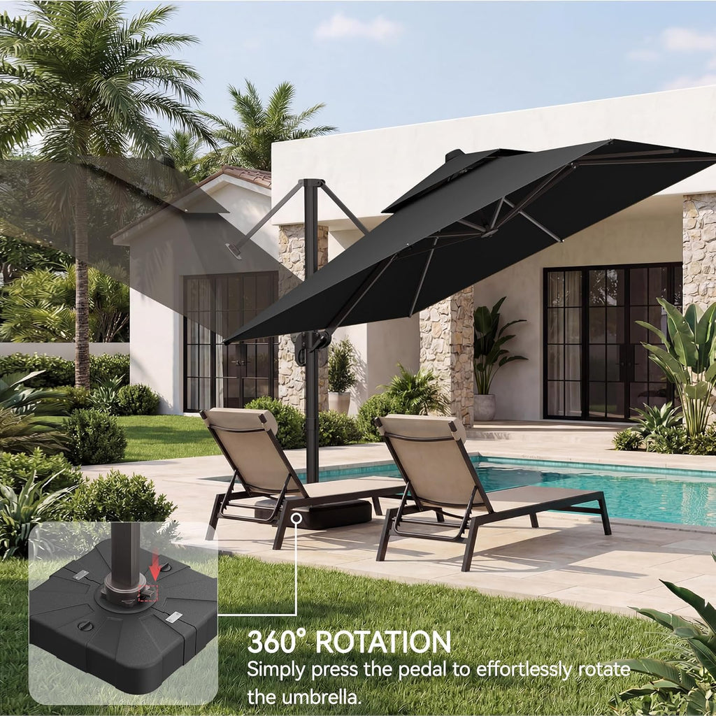 10x10 FT Patio Umbrella with Base, Large Cantilever Double Top Heavy Duty Offset Umbrellas with 360° Rotation, Outdoor shade for Garden Deck Pool, Grey