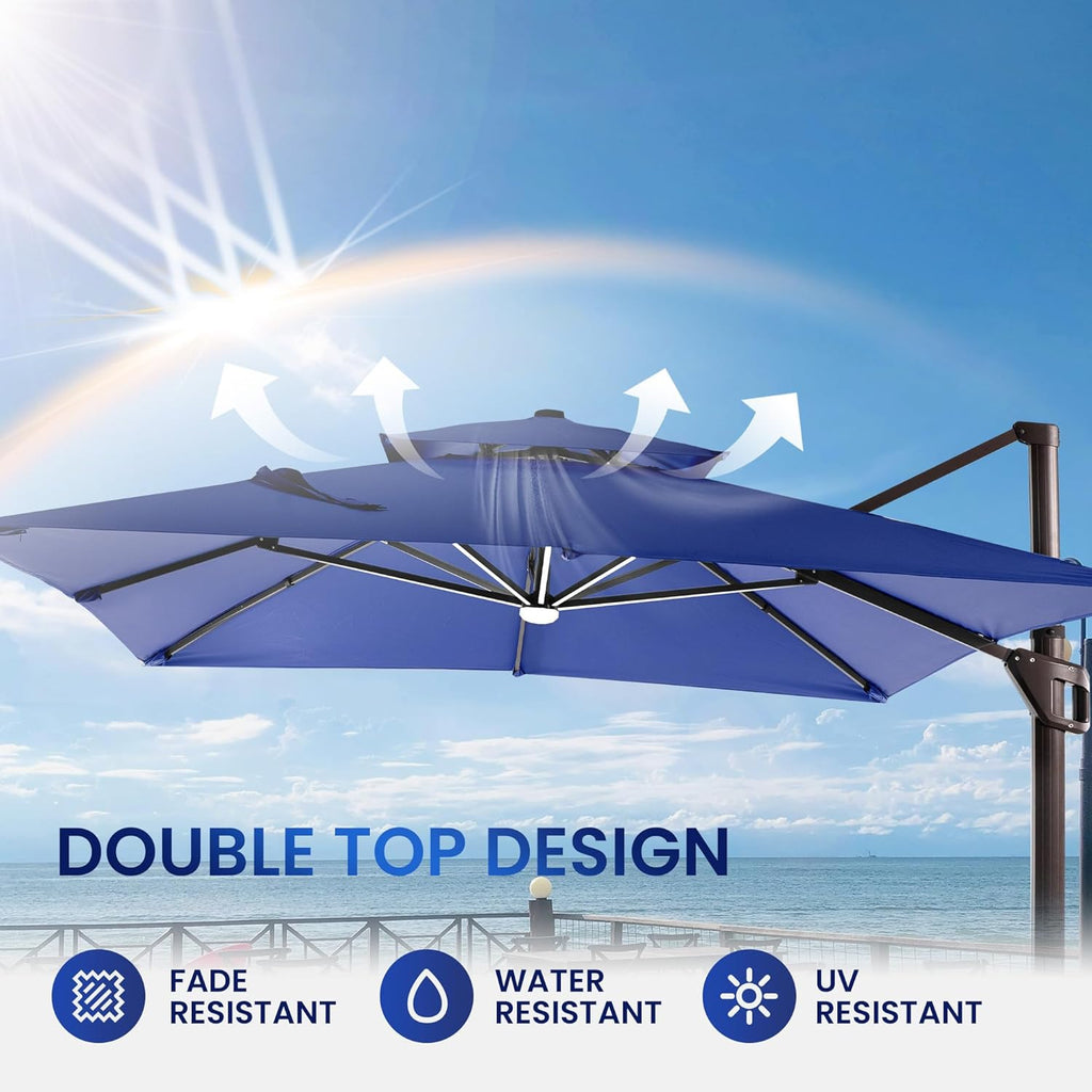 10 X 13 FT Cantilever Patio Umbrella with LED Lights Outdoor Heavy Duty Double Top Windproof Rectangle Offset Umbrellas with 360-degree Rotation for Pool Deck Backyard, Navy