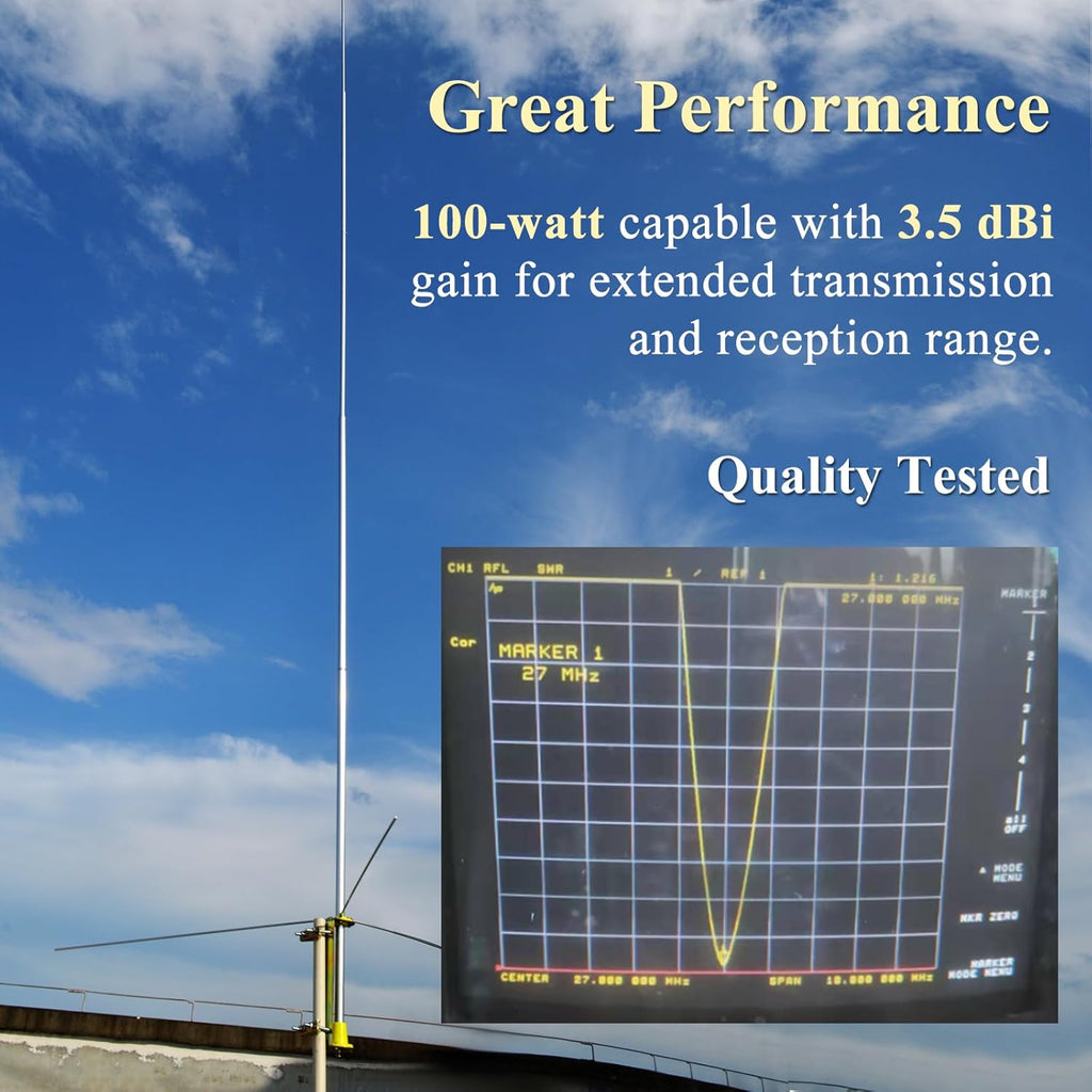 26~28MHz CB Base Station Antenna,20 ft. 100W Aluminum Alloy Omni-Directional Outdoor Antenna for Cobra Midland Uniden President CB Radio Transceivers