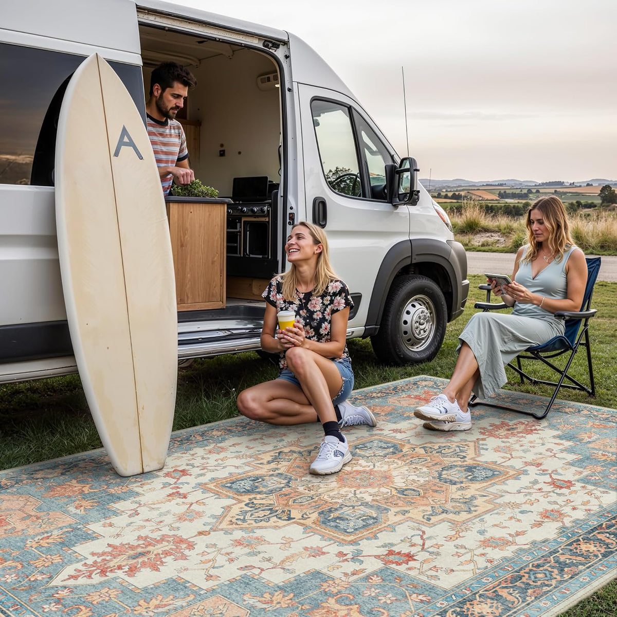 GENIMO Outdoor & Indoor Area Rug 8'x10', Waterproof, Non-Shedding, Easy Cleaning, Boho Mat for Patio, Living Room, Balcony, Dining Room, RV, Deck, Bedroom, Camping, Outside Carpet,Blue Salmon