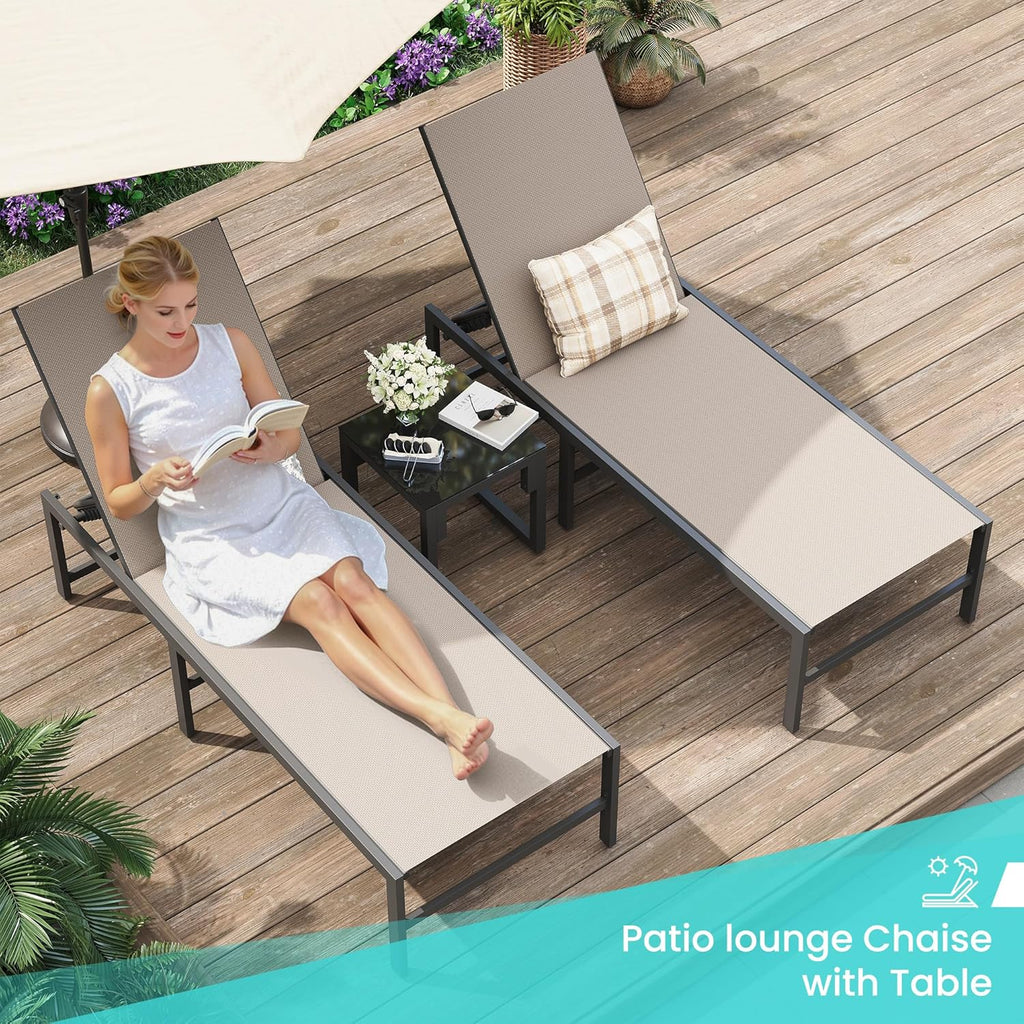 Amopatio 3 Piece Patio Lounge Chair Set Adjustable Lounge Chairs Set of 2 with Side Table for Poolside Weather Resistant Outdoor Chaise Lounge for Backyard Beach, 400 LBS Capacity(Khaki)