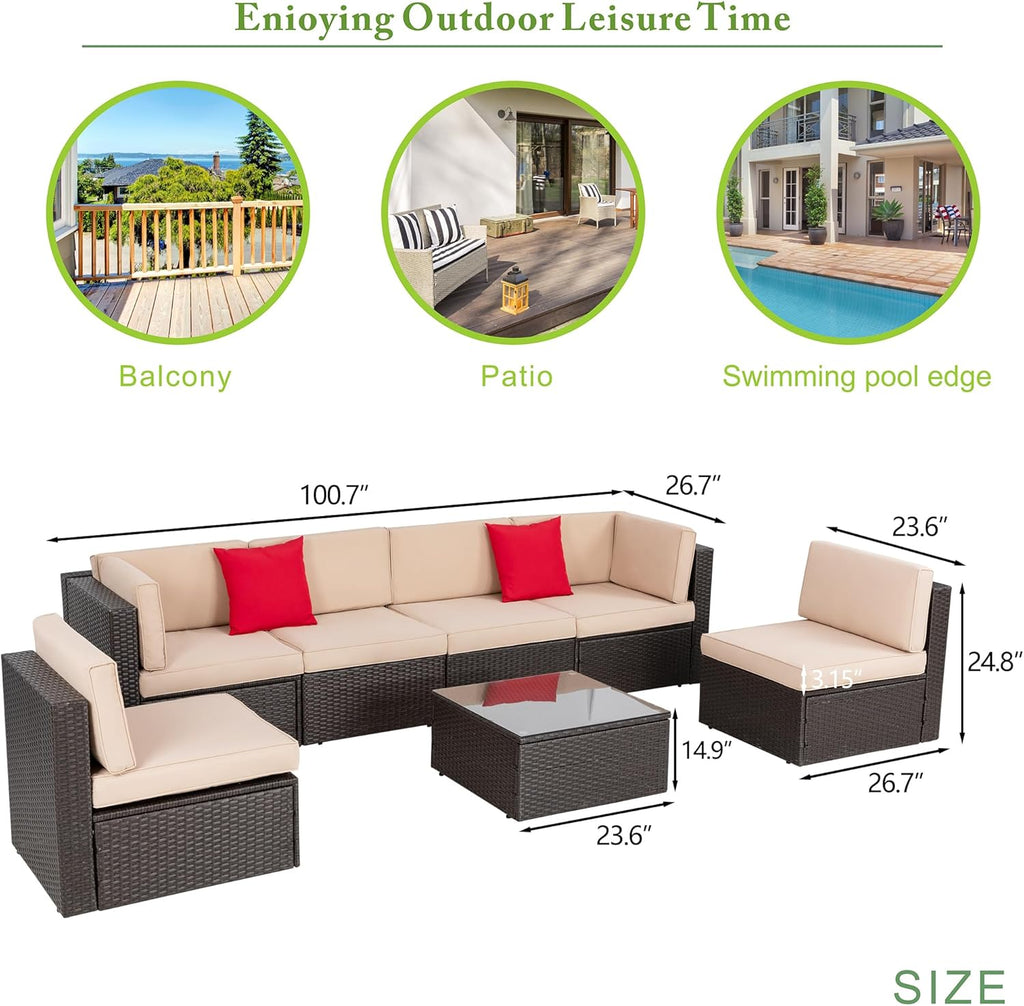 Vongrasig 7 Pieces Patio Furniture Sets, Outdoor Modular Sectional Sofa Patio Conversation Set PE Rattan Wicker Sectional Couch with Cushion, Glass Table for Patio, Garden, Poolside, Beige