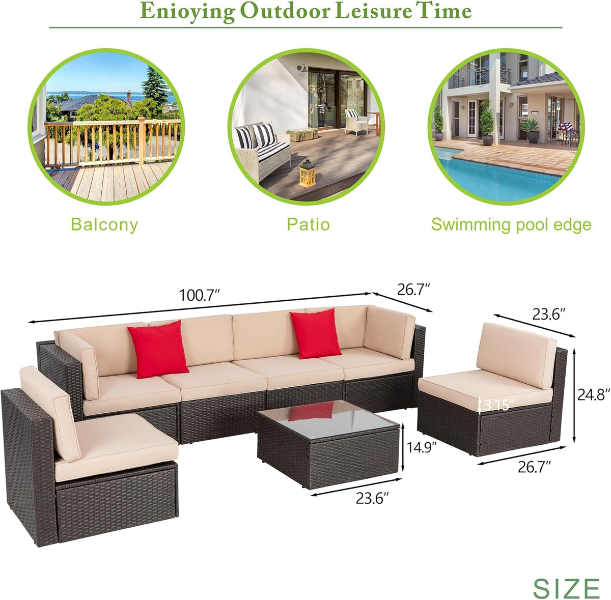 Vongrasig 7 Pieces Patio Furniture Sets, Outdoor Modular Sectional Sofa Patio Conversation Set PE Rattan Wicker Sectional Couch with Cushion, Glass Table for Patio, Garden, Poolside, Beige