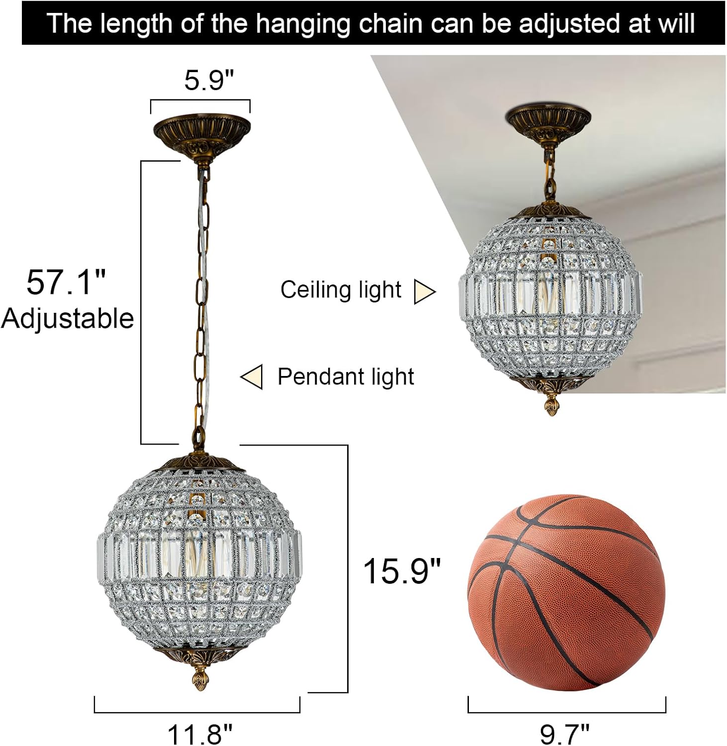 Antique Crystal Globe Chandelier, 11.8" Vintage Small Sphere Chandelier Crystal Pendant Light Fixture for Foyer Dining Room Kitchen Island Bronze