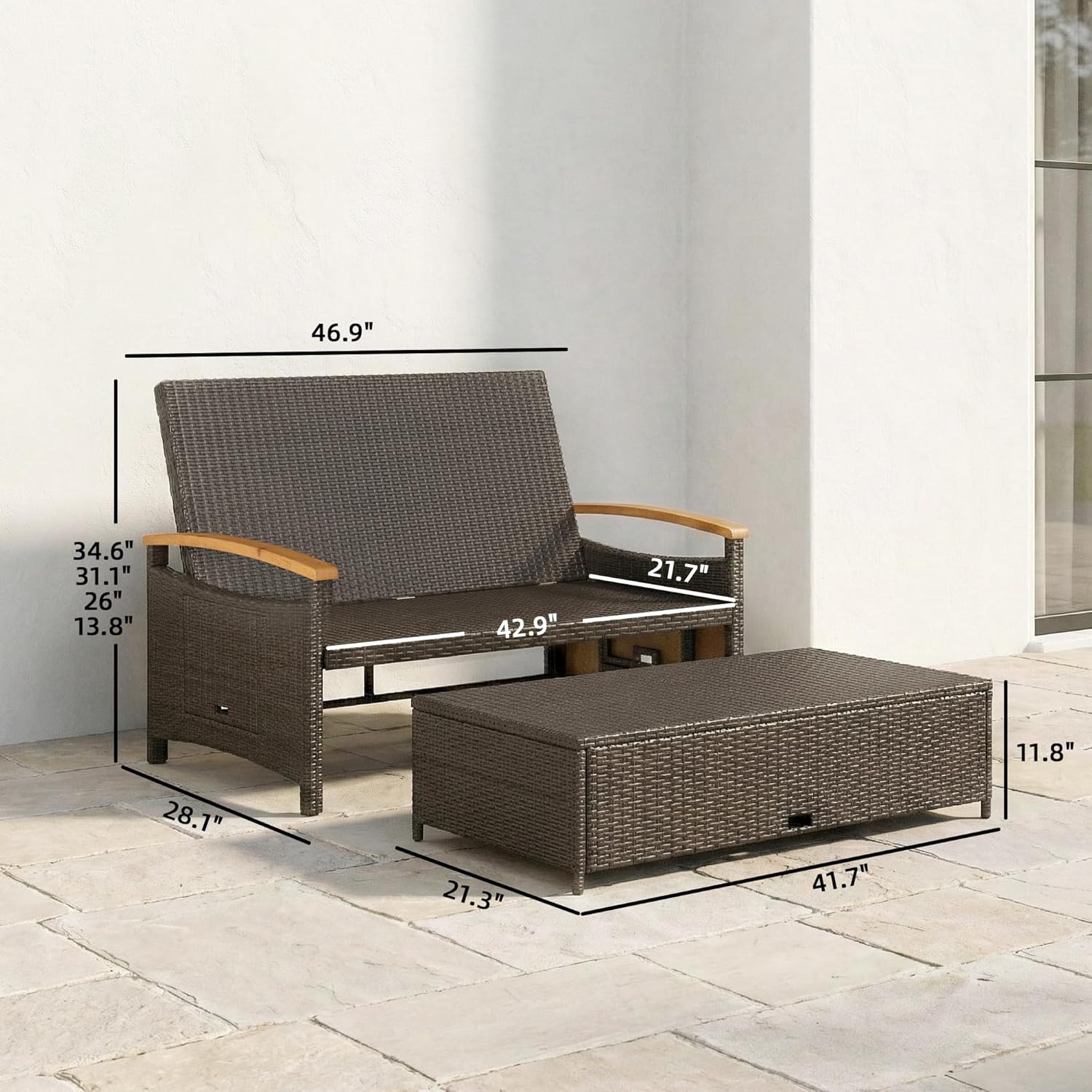 Outsunny Rattan Outdoor Daybed, PE Wicker Patio Loveseat with Storage Ottoman, 4-Level Adjustable Back, Folding Side Trays, Acacia Wood Armrest, Double Sun Lounger with Cushions, Pillows, Beige