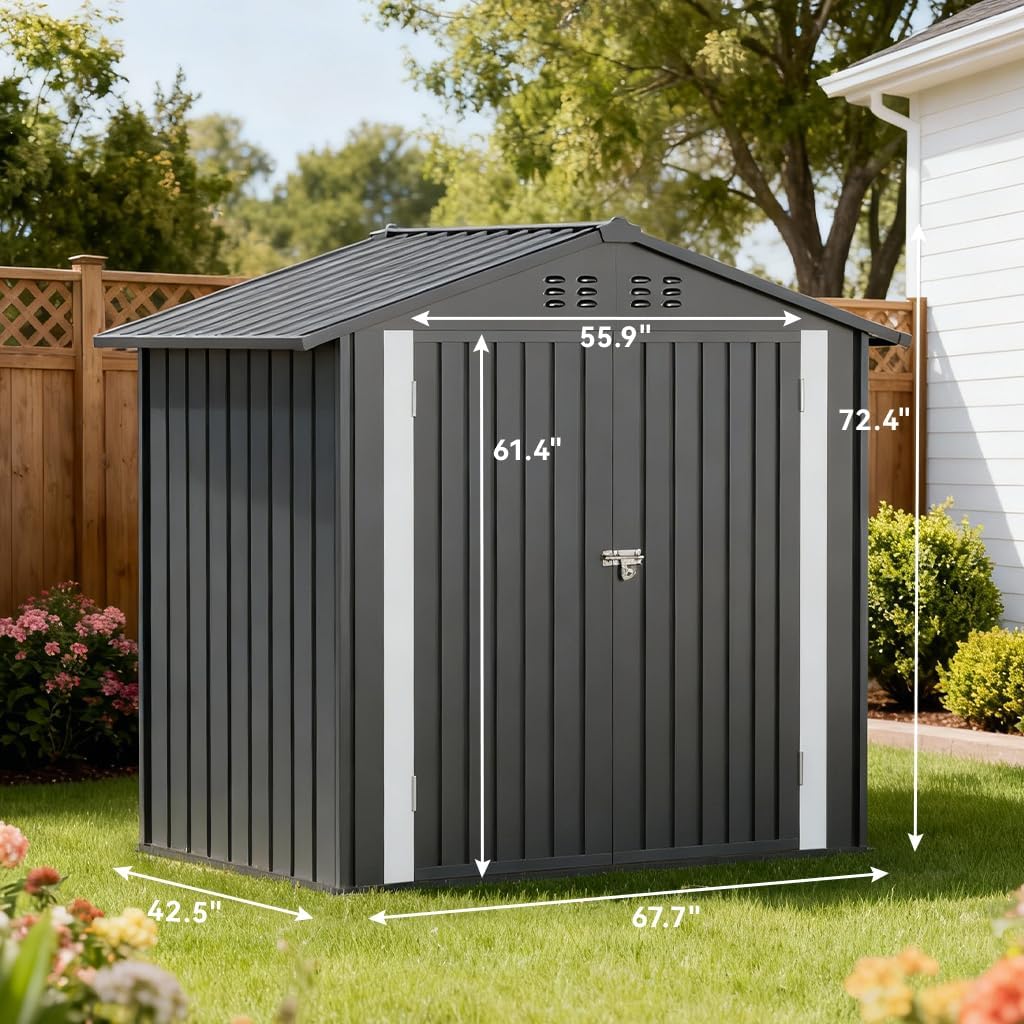 COMHOMA 6'x4' Shed Outdoor Storage Metal, Weatherproof Garden Utility Tool House with Lockable Doors & Adjustable Shelving, Ventilated Backyard Workshop,Grey