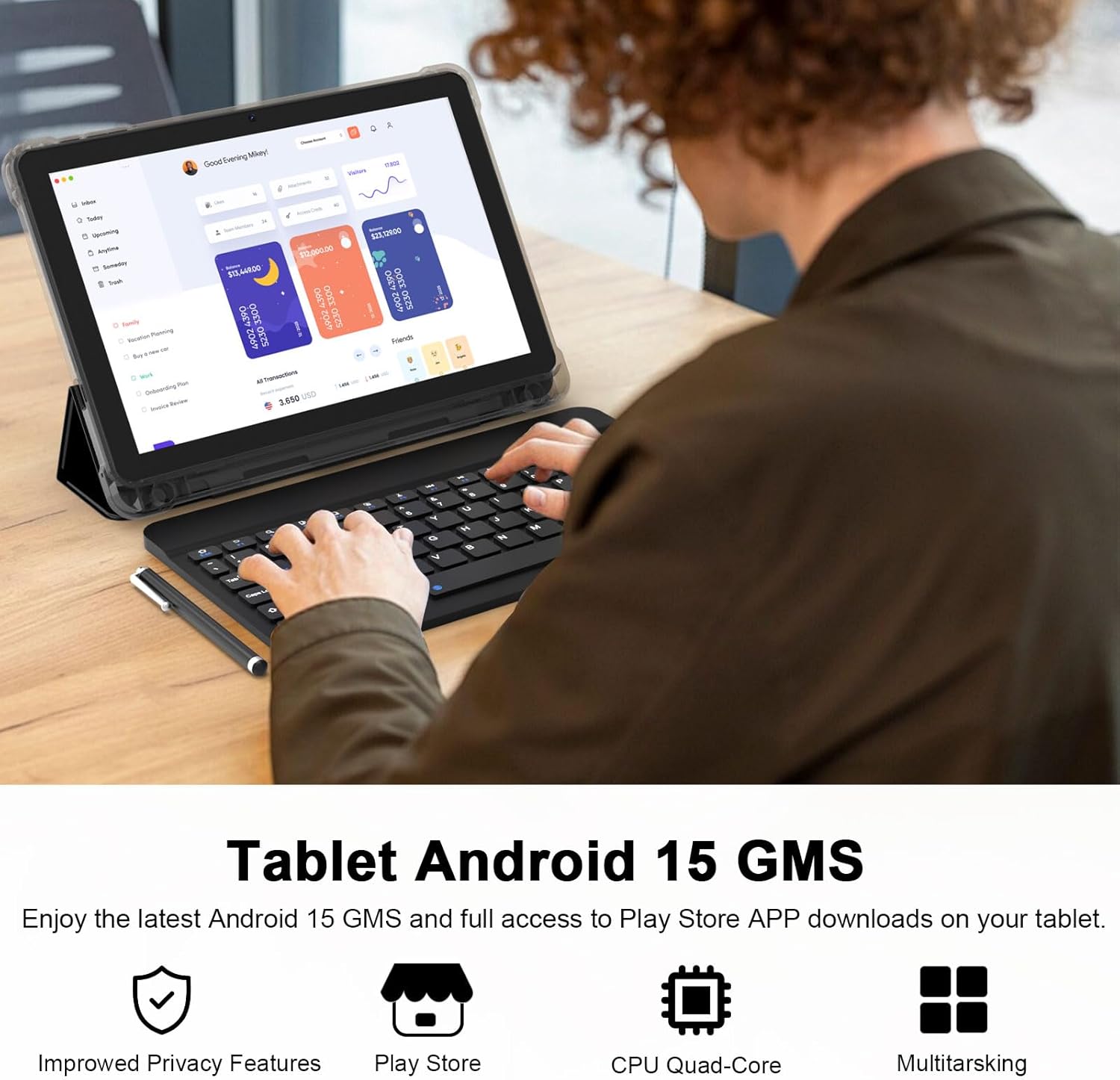 CUPEISI Android 15 Tablet 10 Inch, 20GB RAM+128GB ROM/2TB Expandable, 2.0GHz Quad-core Processor, 1280*800 HD Screen, 5G WiFi6 BT 5.0, 2 in 1 Tablets with Keyboard Case Mouse Stylus, Widevine L1 Black
