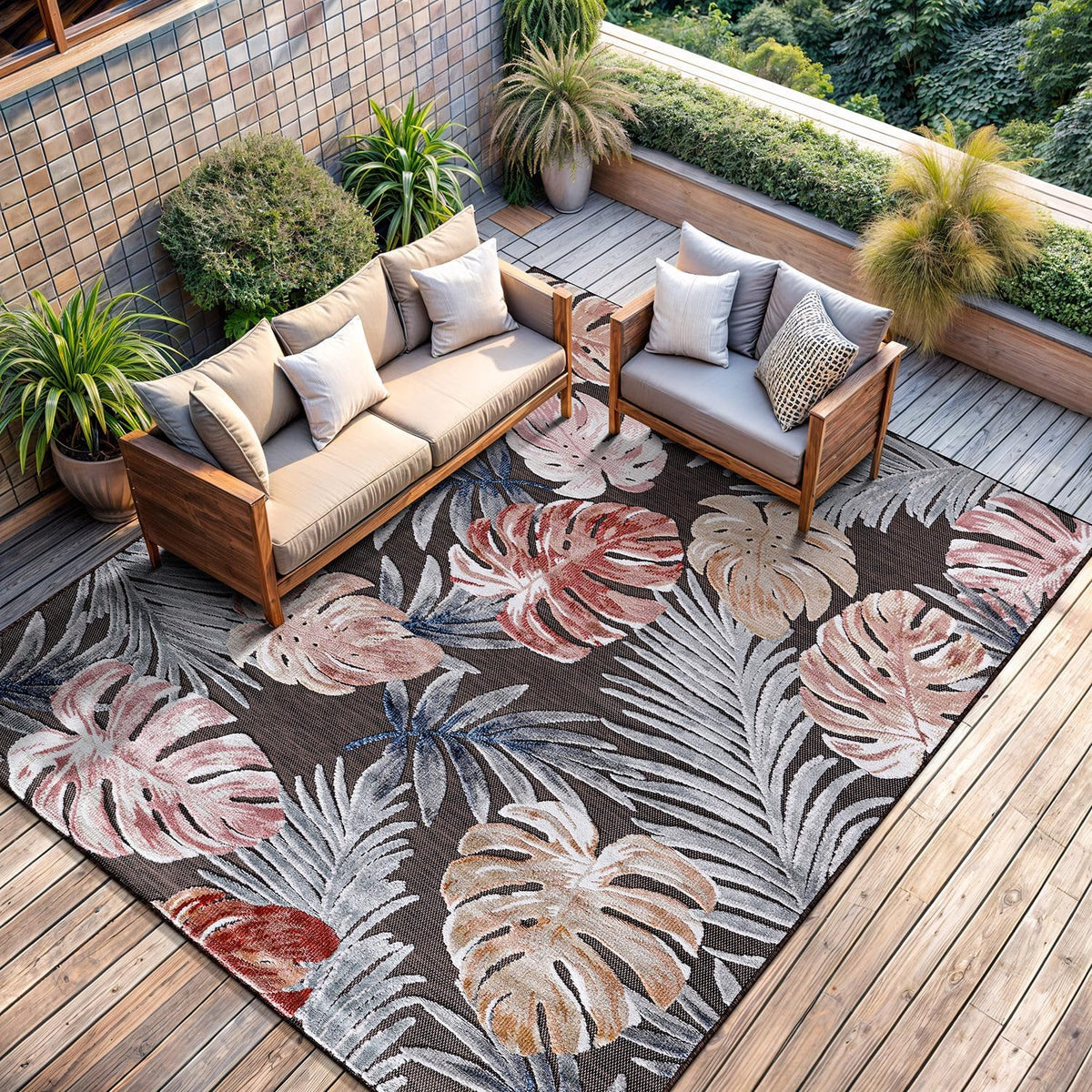 CAMILSON Indoor Outdoor Rug, Brown 6'x9' Leaf Tropical Botanical Area Rugs for Indoor and Outdoor patios, Easy-Cleaning Non-Shedding Living Room, Garden and Kitchen Washable Outside Carpet (6x9)