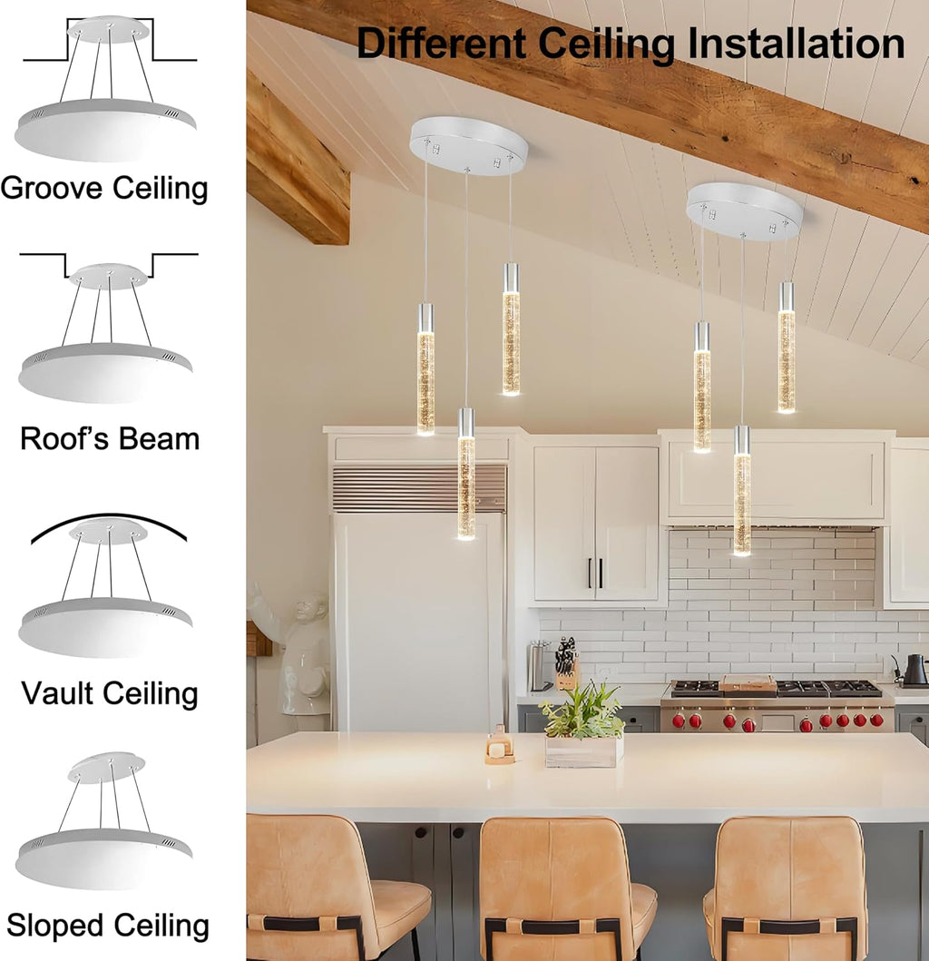 3 Light Pendant Lights Kitchen Island,Modern LED Bubble Crystal Pendants with Dimmable 3000K-6000K Ceiling Hanging Light Fixture for Dining Room Bedroom,Chrome Finish,Adjustable Height 59"