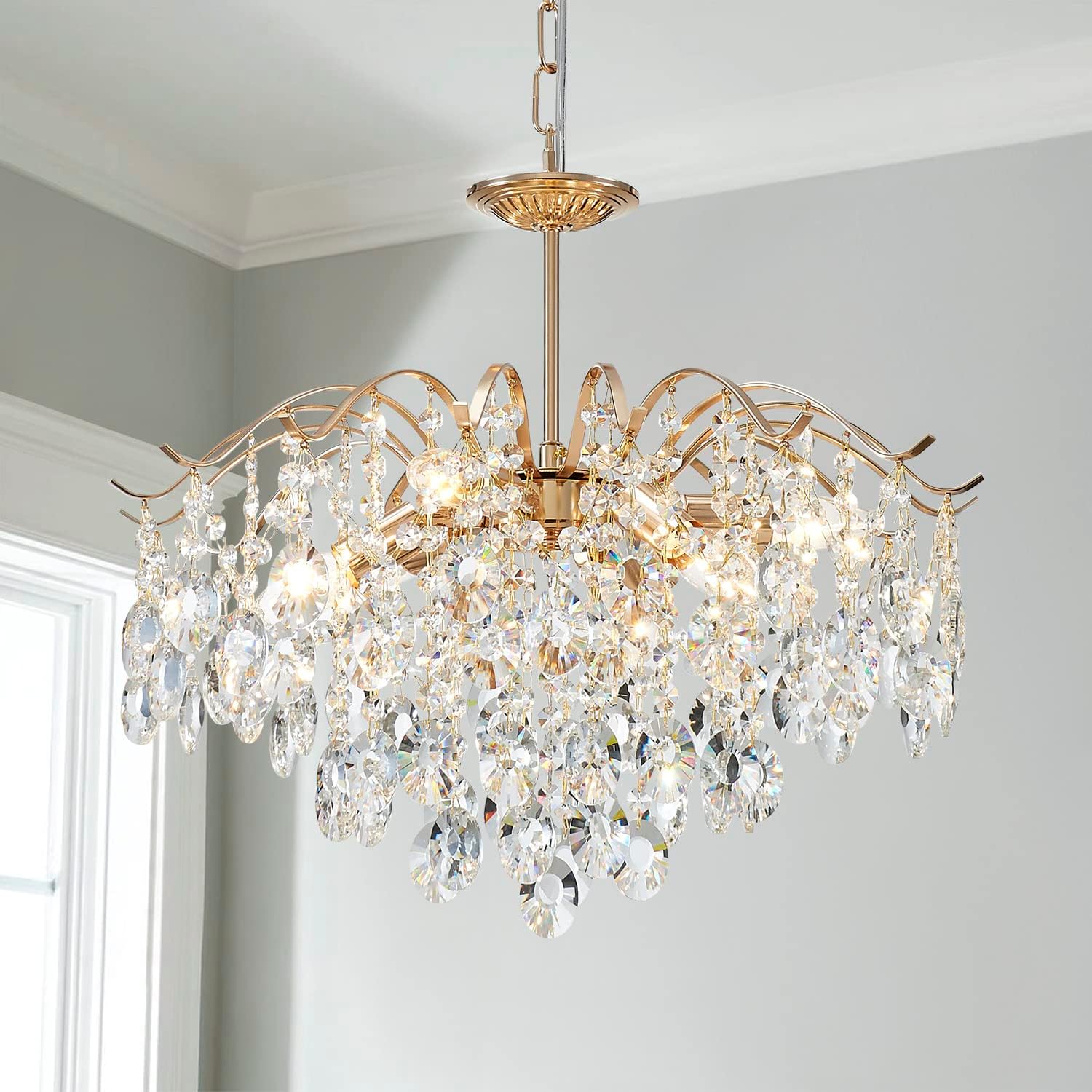 Saint Mossi 6-Light Gold Crystal Chandeliers, Middle Century Dining Room Light Fixture, Modern Pendant Light for Living Room, D20 x H17, Adjustable Chains 59", Chopper Finish Metal Frame