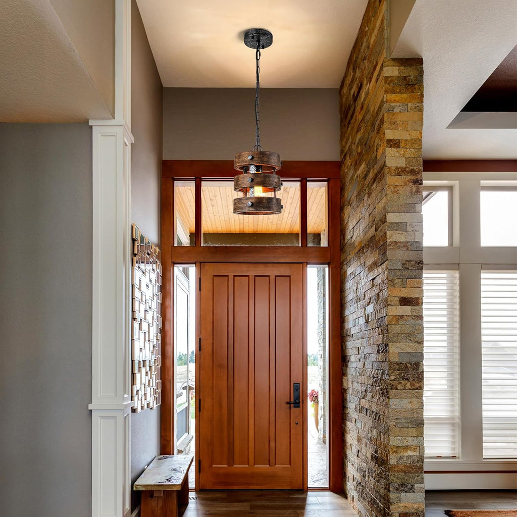 2pack Farmhouse Wood Pendant Lights Kitchen Island, Dining Room Lighting Fixtures Over Table Rustic Chandelier Height Adjustable Hallway Light for Foyer Living Room Bar Restaurant