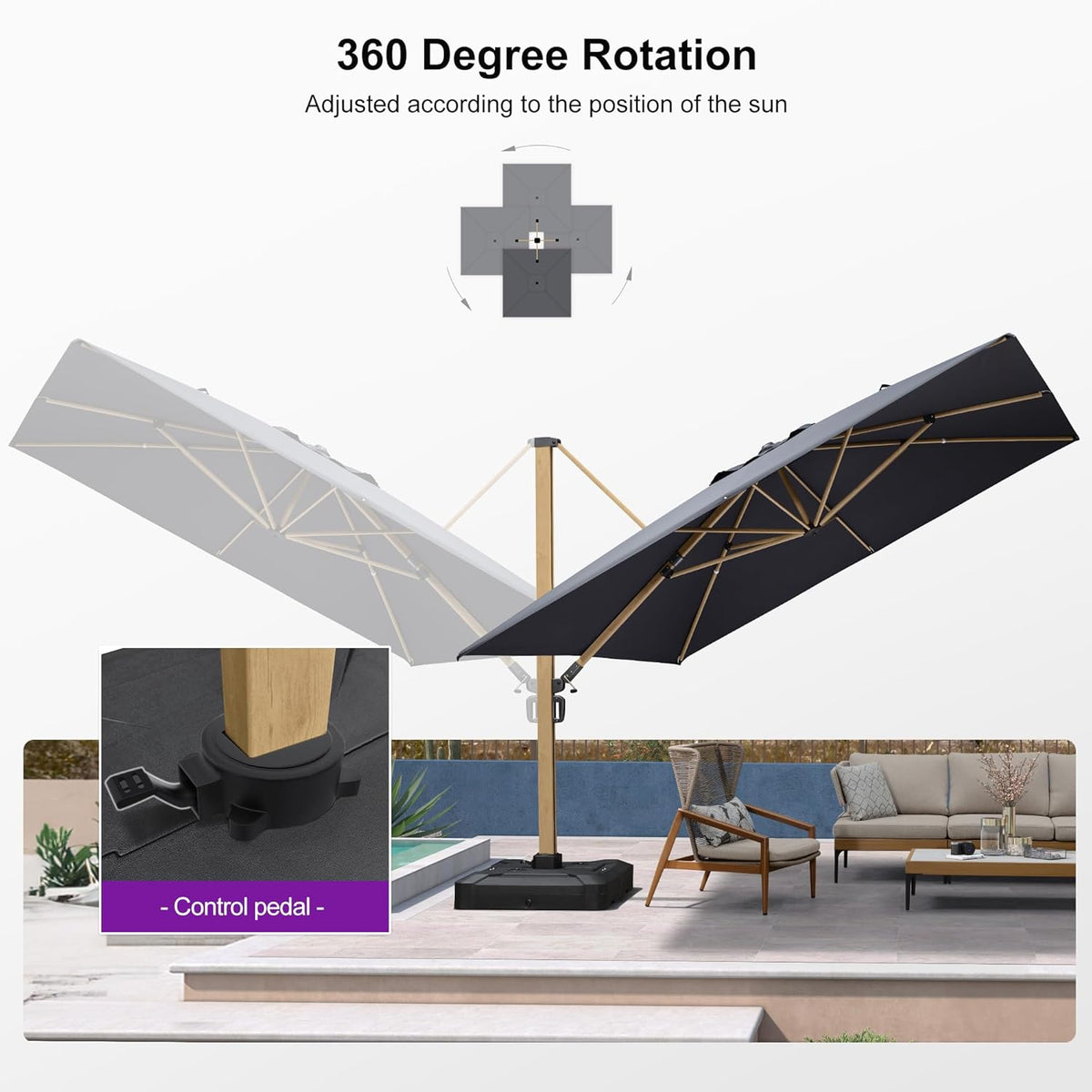 PURPLE LEAF 11FT Patio Umbrella Square Cantilever Umbrella Teak Finished Aluminum Frame Large Windproof Offset Outdoor Sun Umbrellas for Beach Pool Deck, Grey