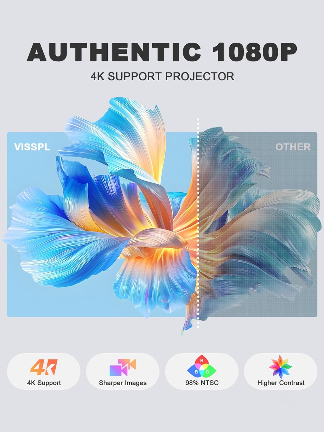 【Compatible with Netflix & Auto focus 】VISSPL Smart Projector with WiFi and Bluetooth, Auto Focus & Keystone Protable Mini Projector with Stand, 4K Home Theater Projector