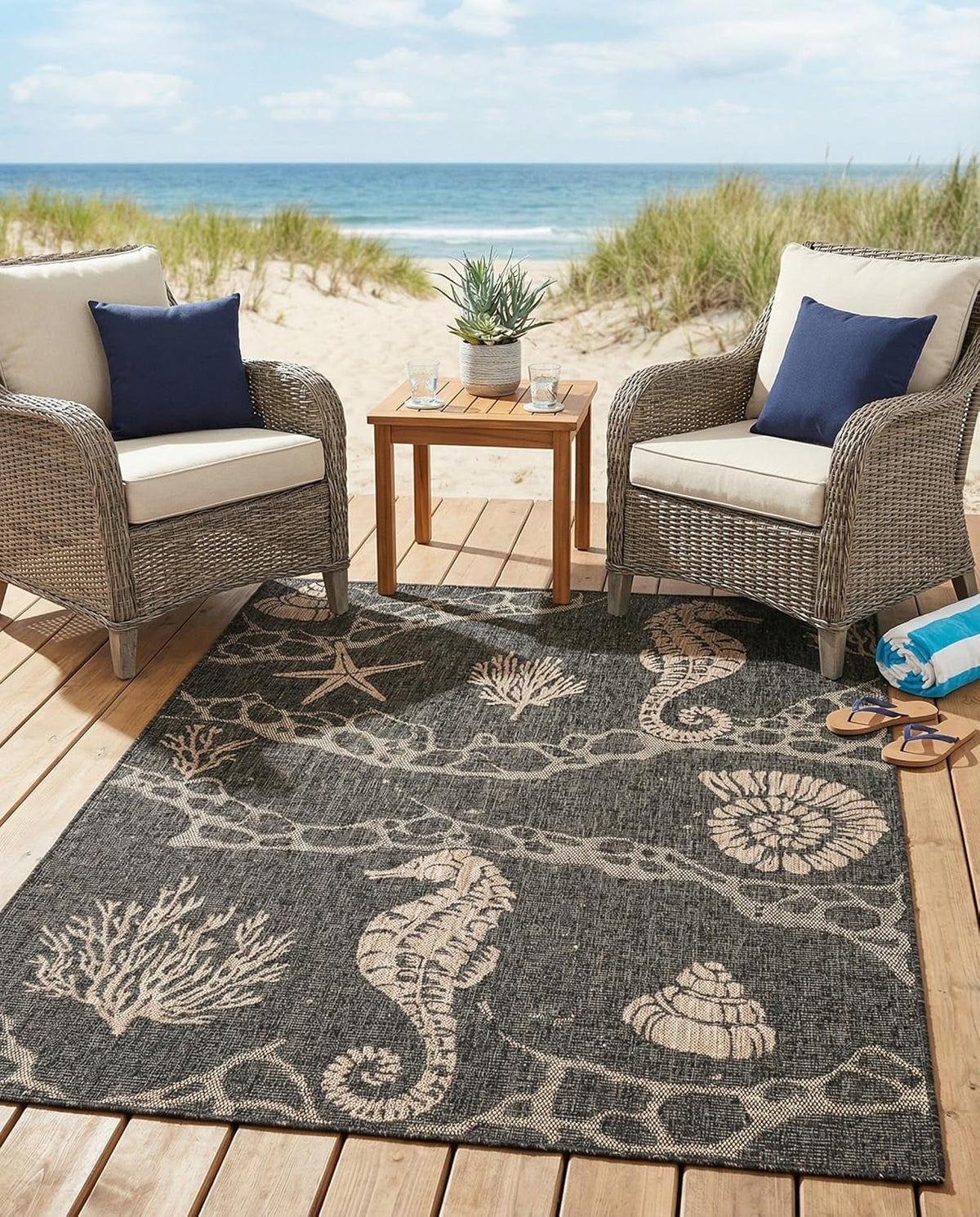 Rugs.com - Outdoor Coastal Rug – 5' 3 x 7' 1 Black Indoor/Outdoor Rug Easy-Clean Flatweave Perfect for Patio Deck and Porch