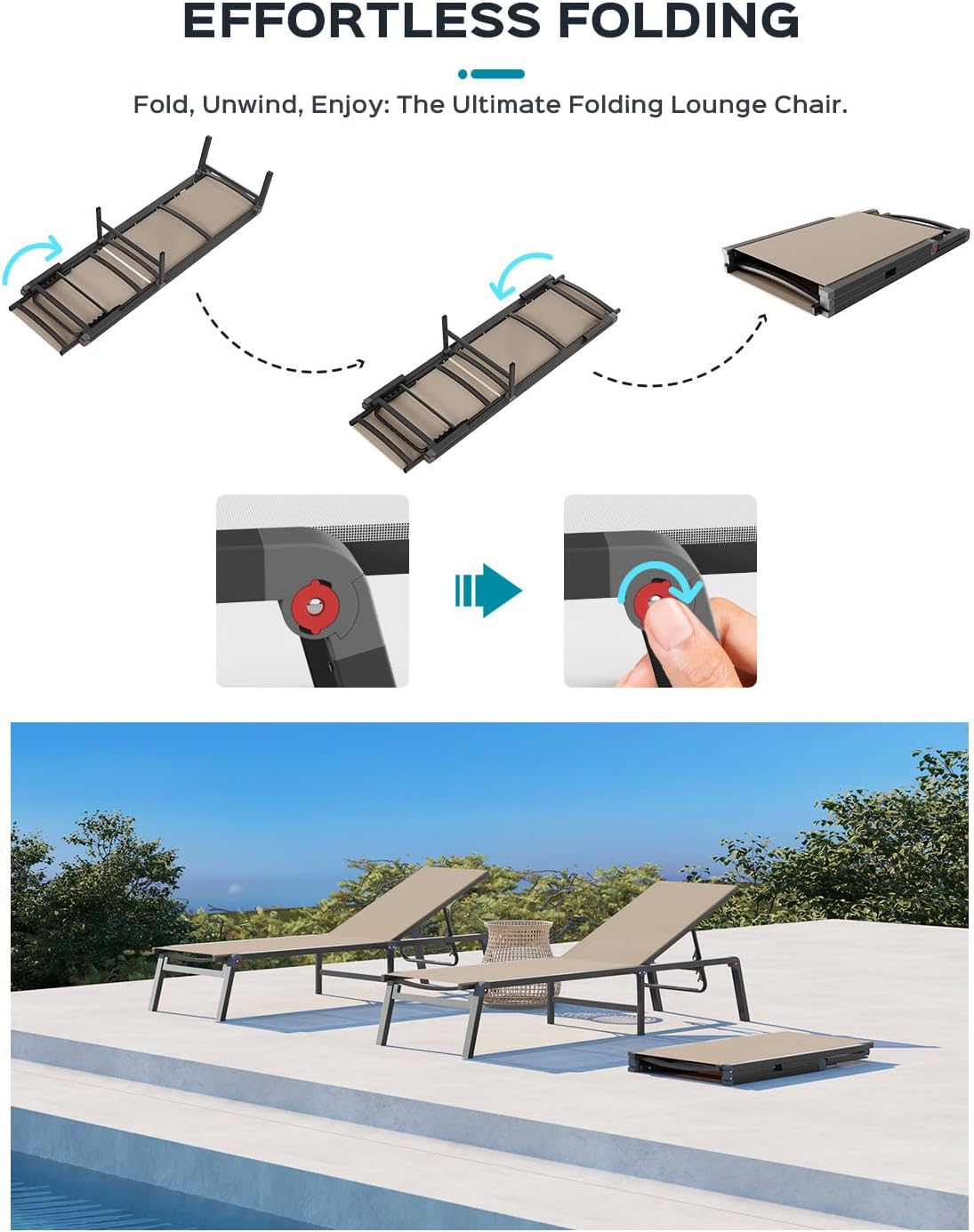 Ciokea Aluminum Foldable Lounge Chairs Set of 4 with 3 Outdoor Aluminum Side Table, Perfect Match, Suitable for Courtyard, Balcony, Lawn and Other Scenes, Khaki